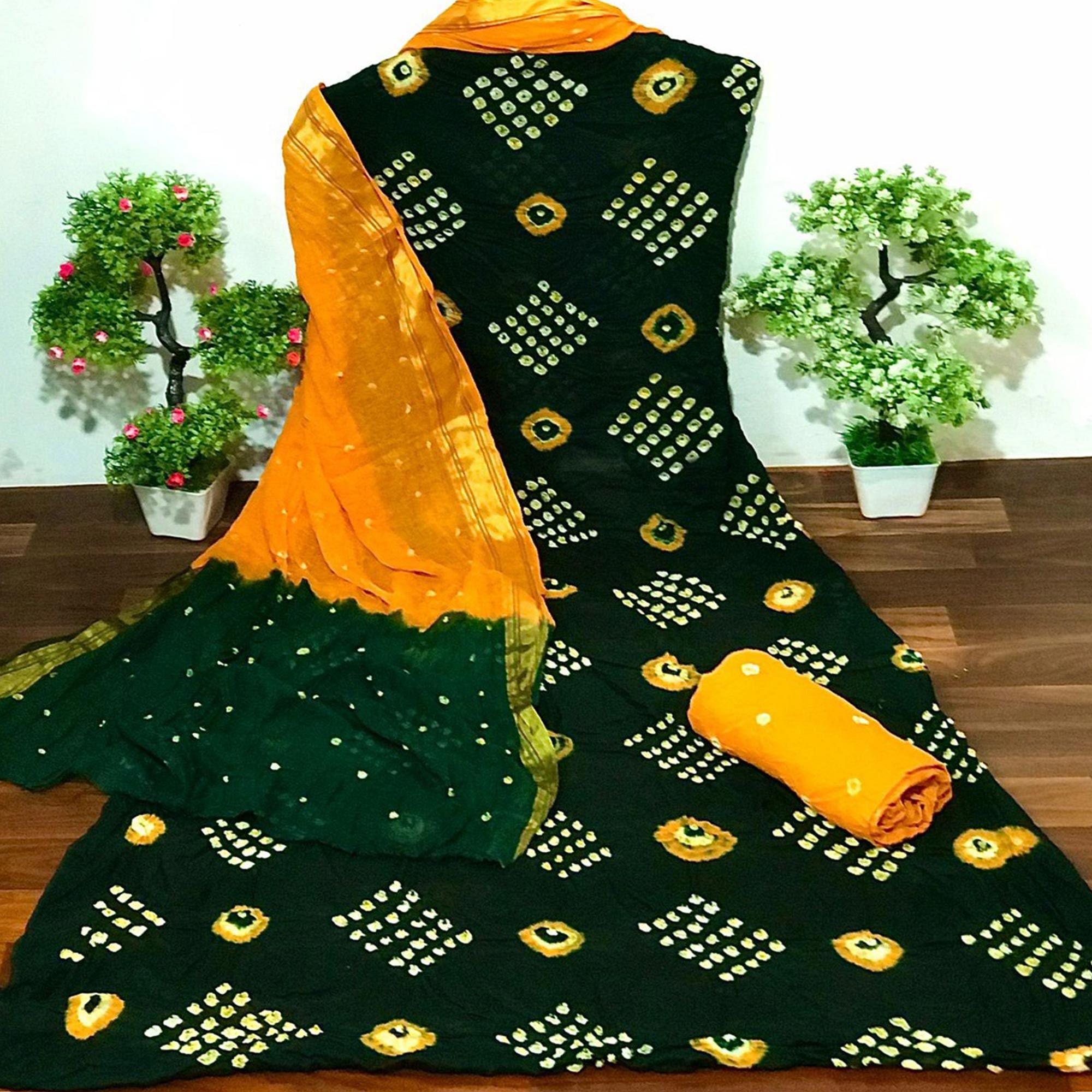 Green Bandhani Printed Cotton Dress Material - Peachmode