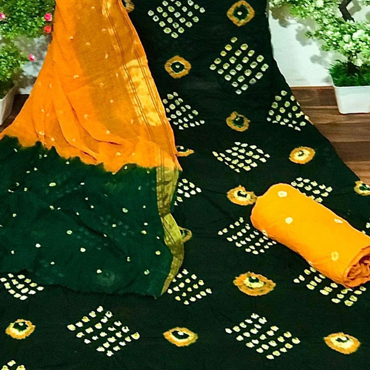 Green Bandhani Printed Cotton Dress Material - Peachmode