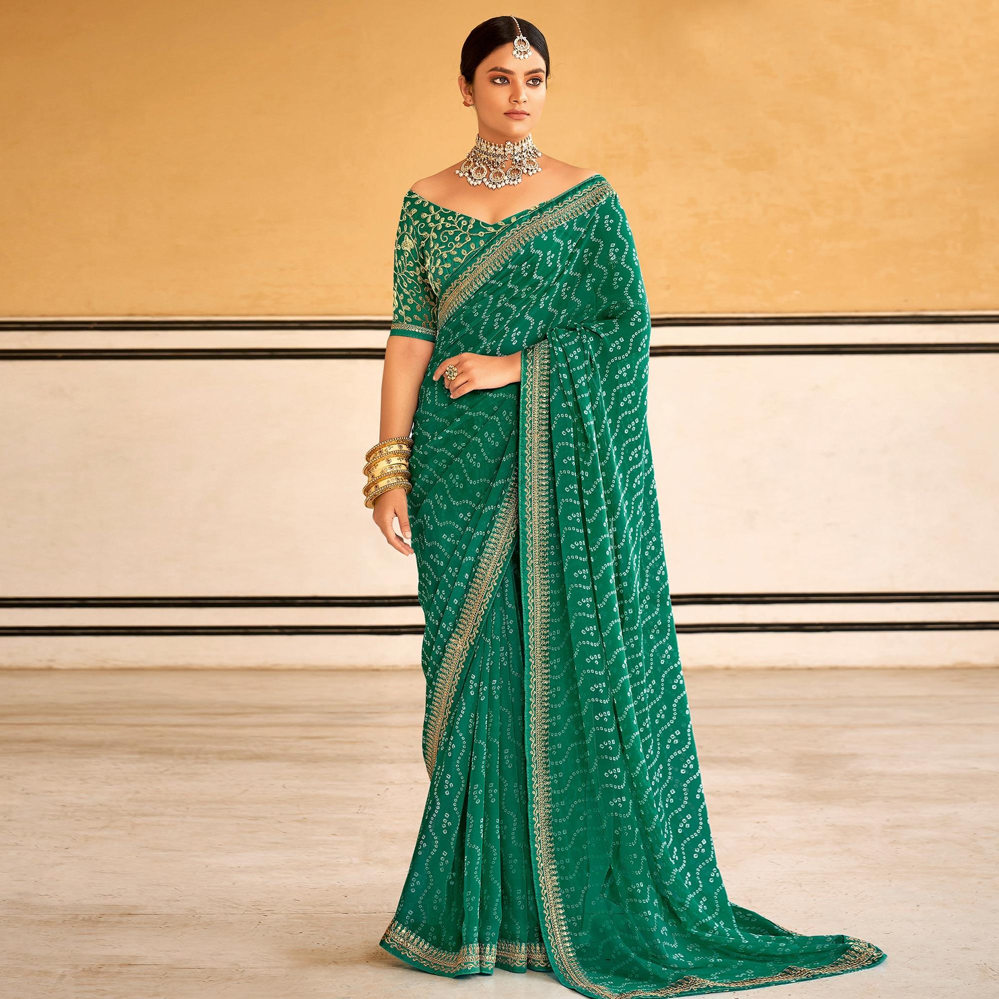 Green Bandhani Printed Georgette Saree - Peachmode