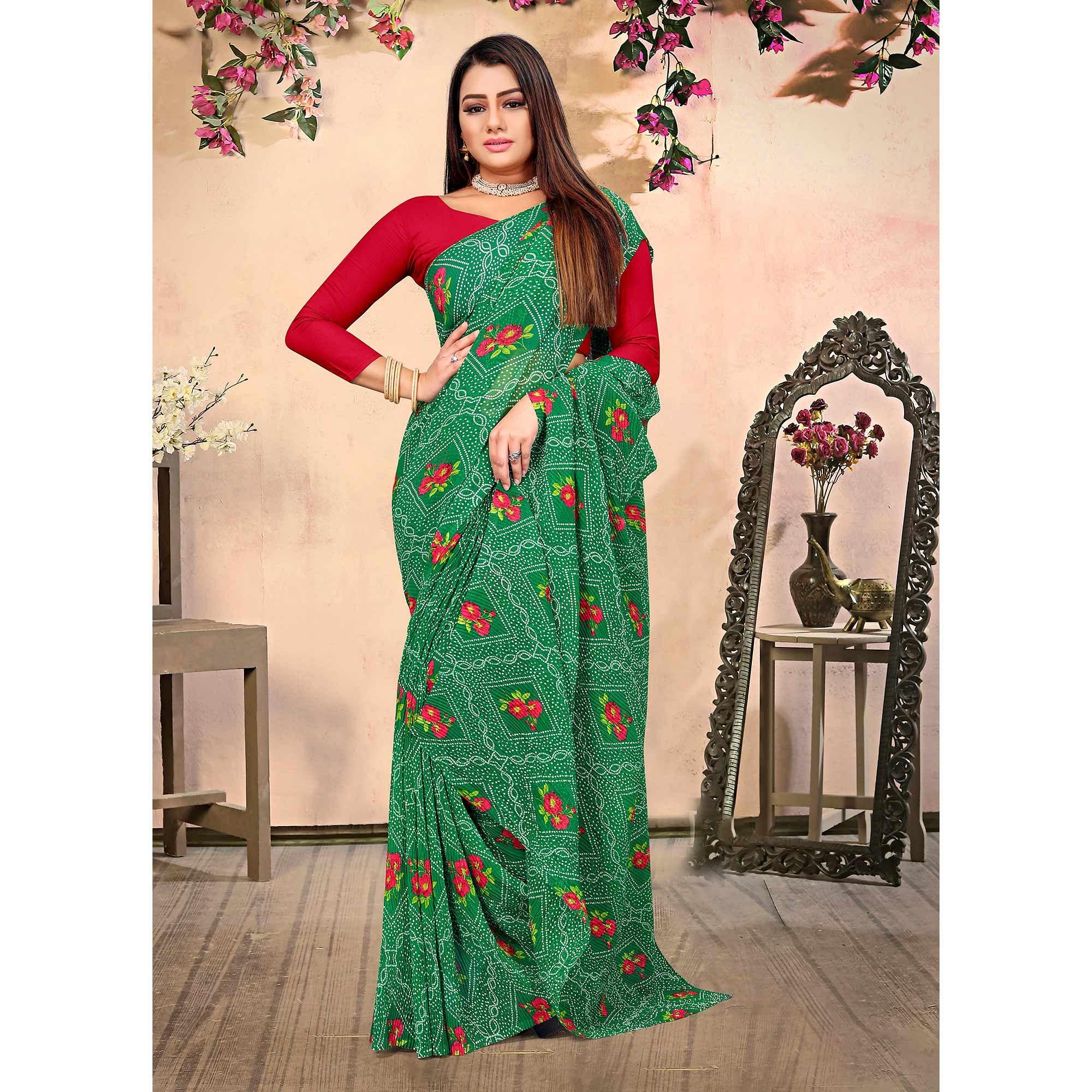 Green Bandhani Printed Georgette Saree - Peachmode