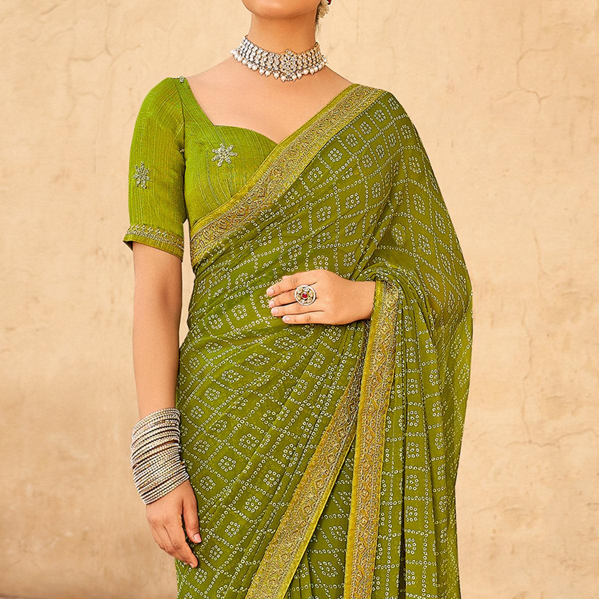 Green Bandhani Printed Georgette Saree - Peachmode