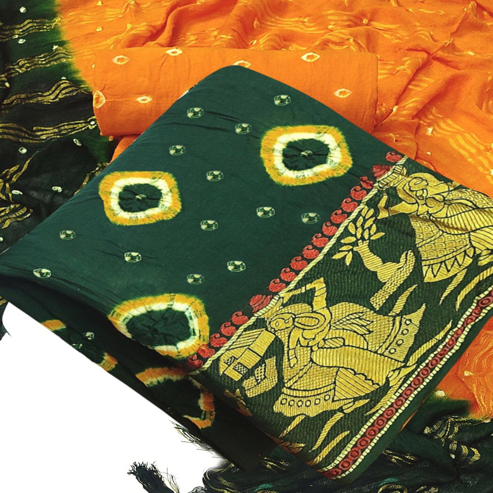 Green Bandhani Printed Jacquard Border Pure Cotton Dress Material - Peachmode