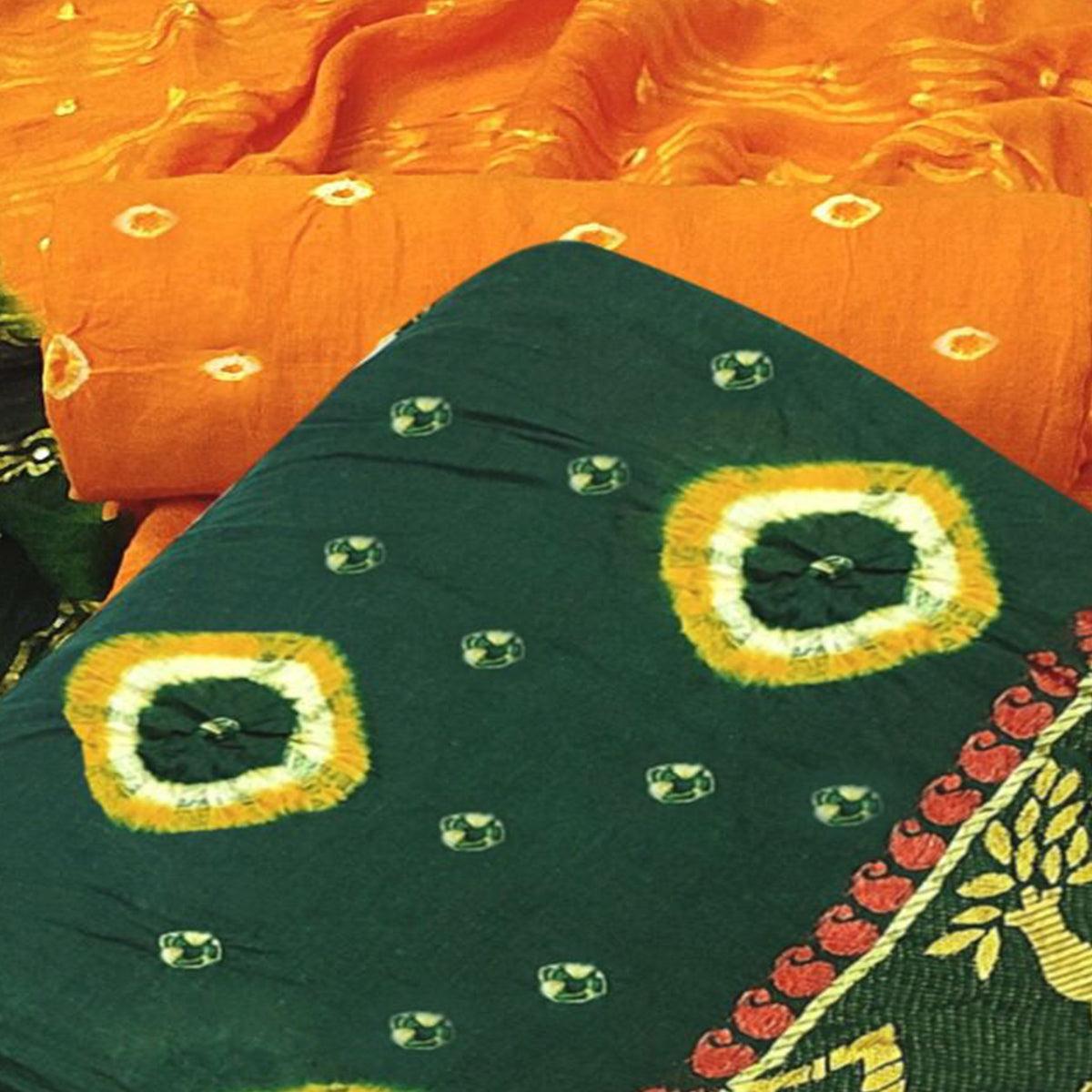 Green Bandhani Printed Jacquard Border Pure Cotton Dress Material - Peachmode