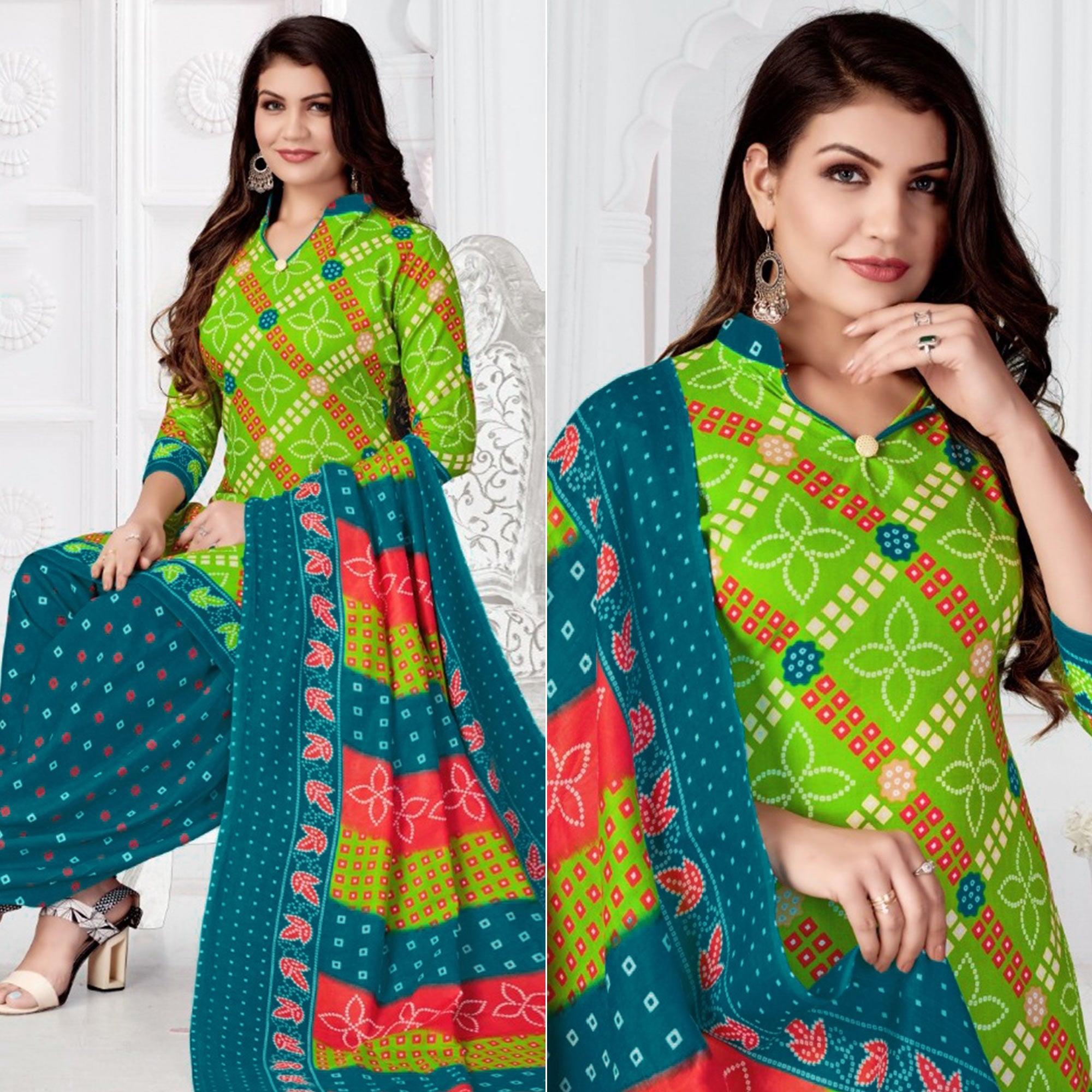 Green Bandhani Printed Poly Cotton Patiala Dress Material - Peachmode
