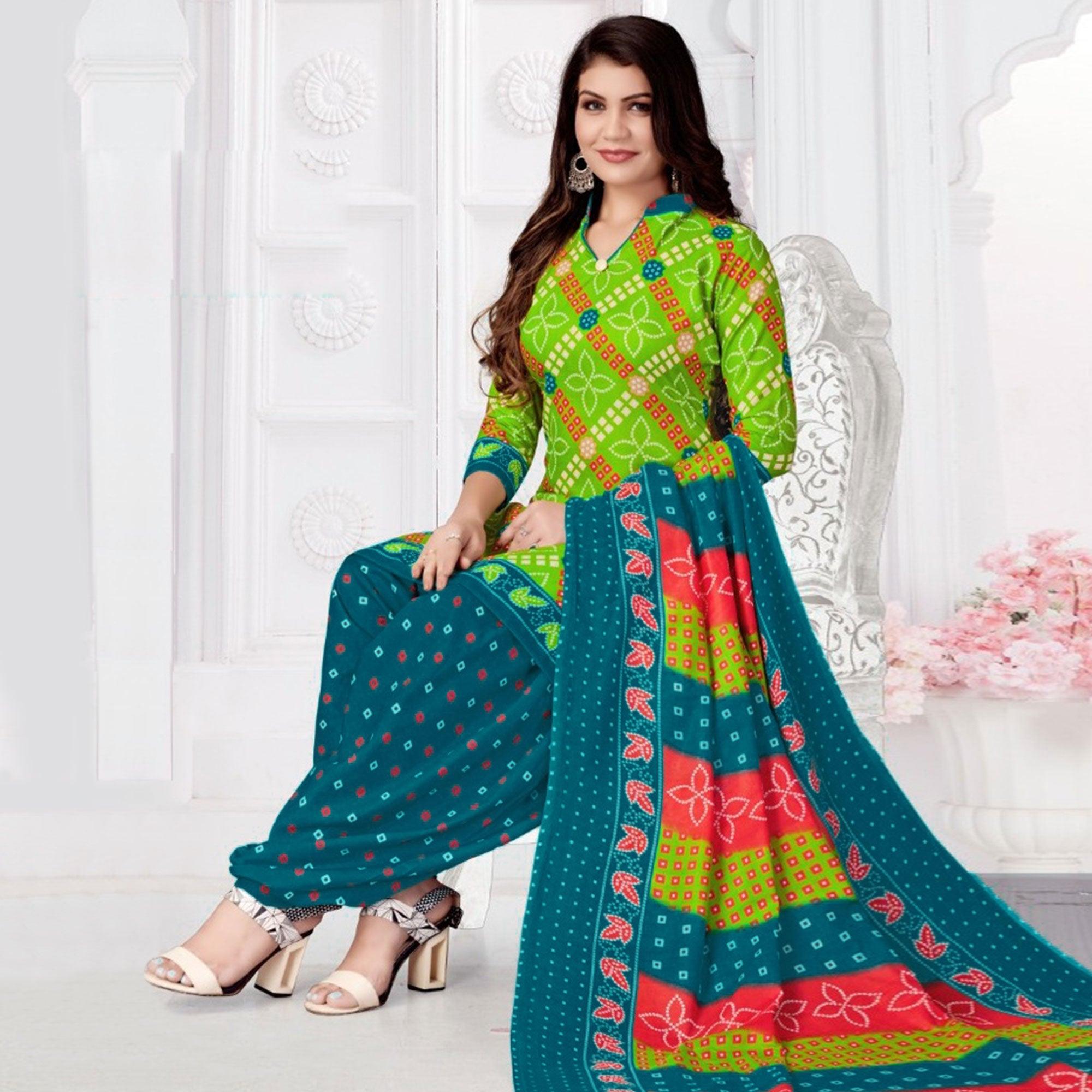 Green Bandhani Printed Poly Cotton Patiala Dress Material - Peachmode