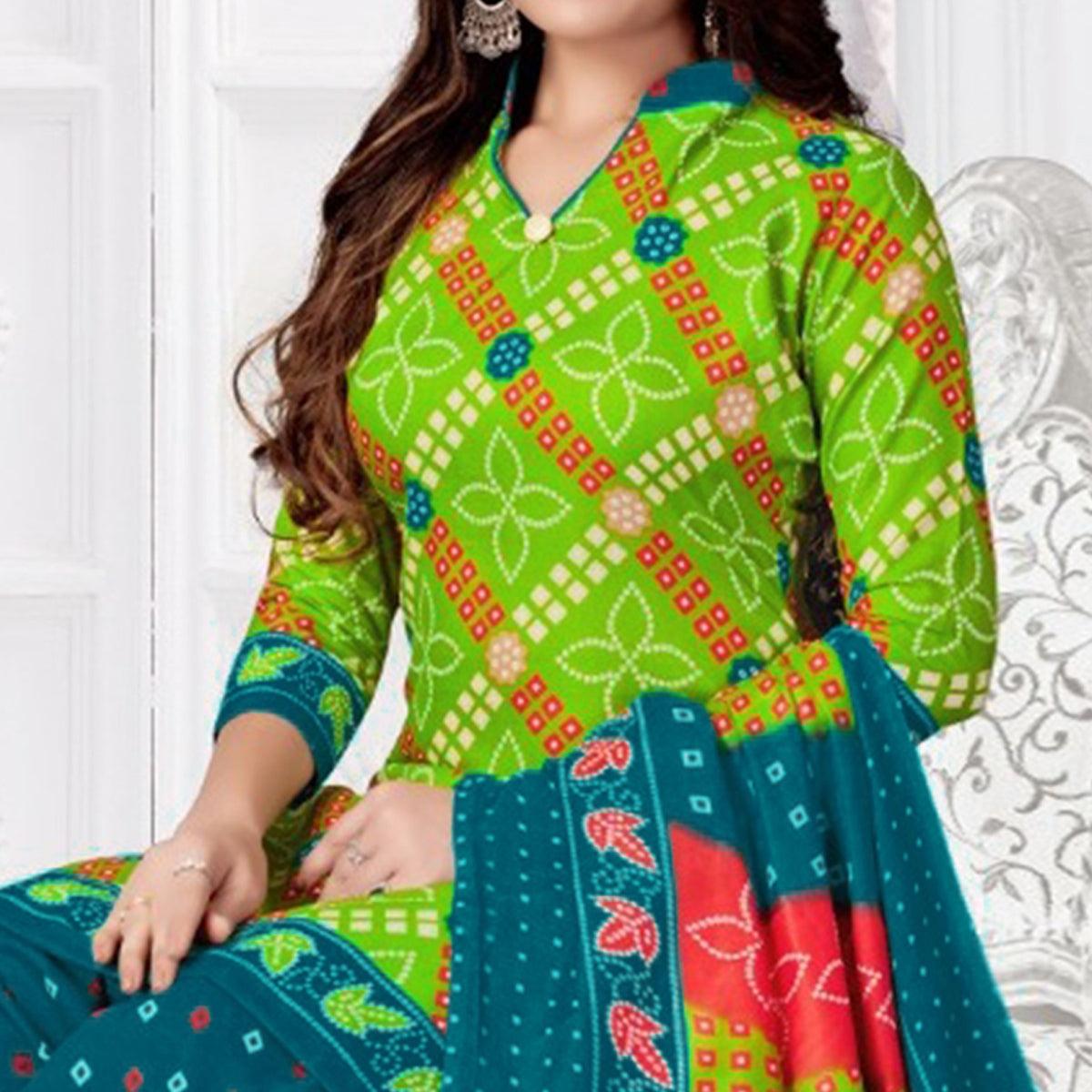 Green Bandhani Printed Poly Cotton Patiala Dress Material - Peachmode