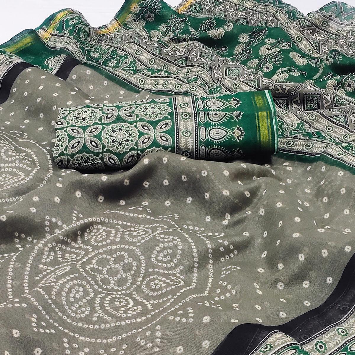 Green Bandhani Printed Poly Cotton Saree - Peachmode