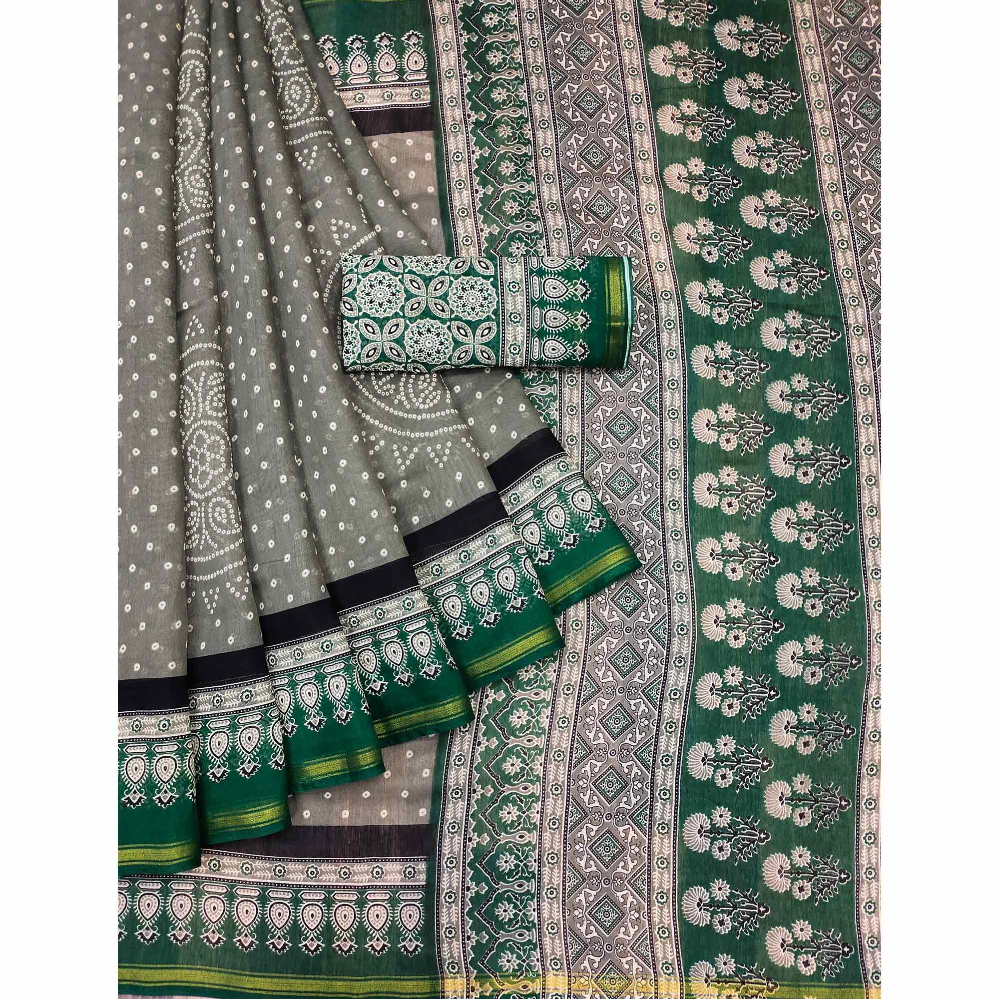 Green Bandhani Printed Poly Cotton Saree - Peachmode