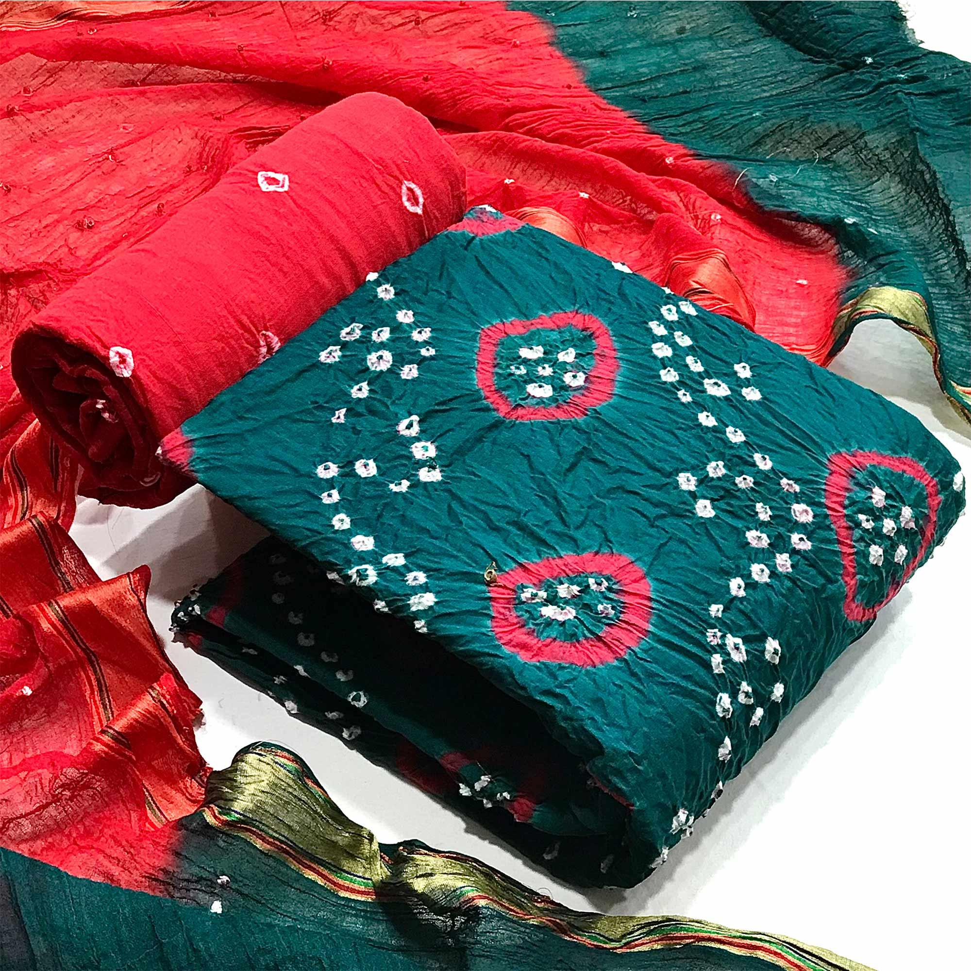 Green Bandhani Printed Pure Cotton Dress Material - Peachmode