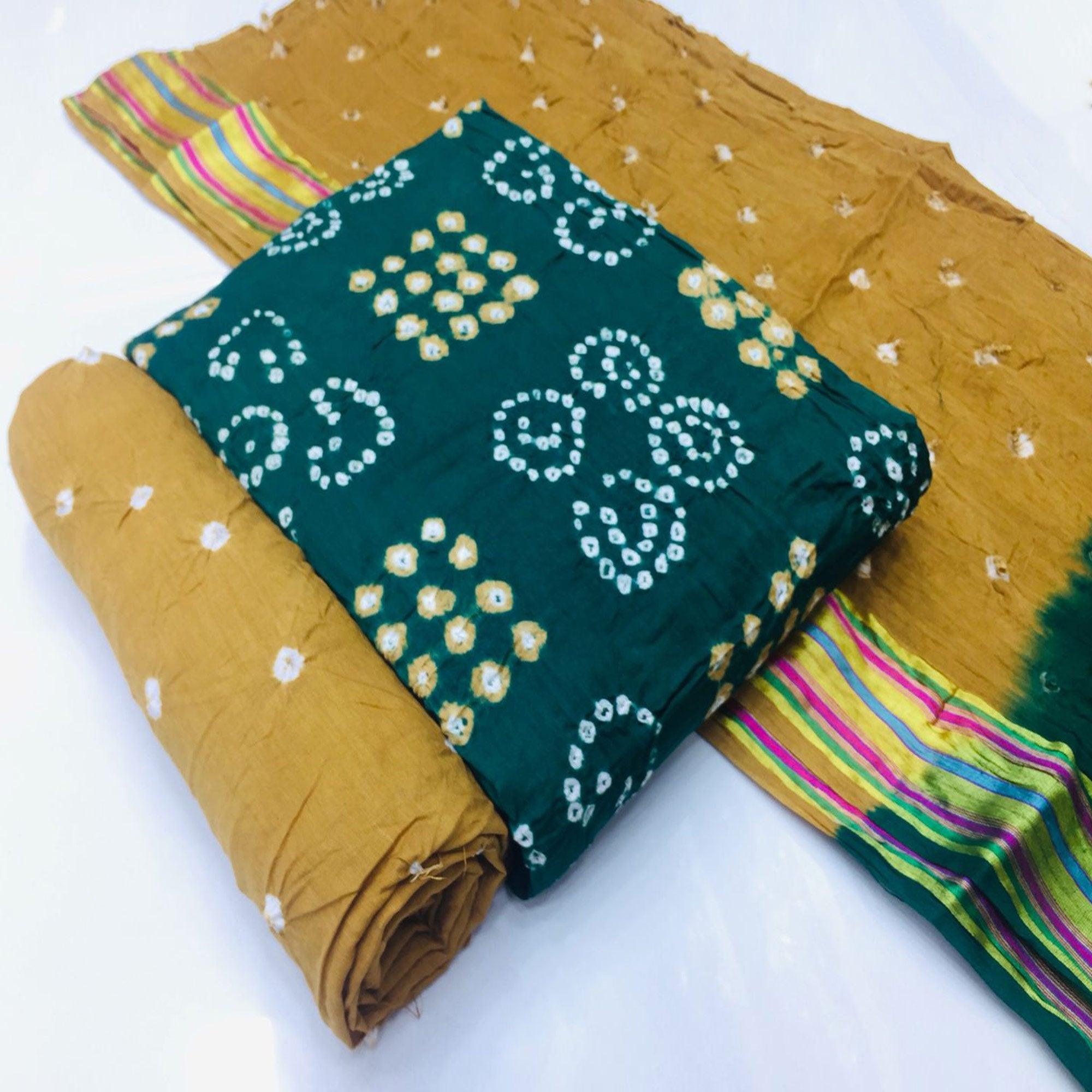 Green Bandhani Printed Pure Cotton Dress Material - Peachmode