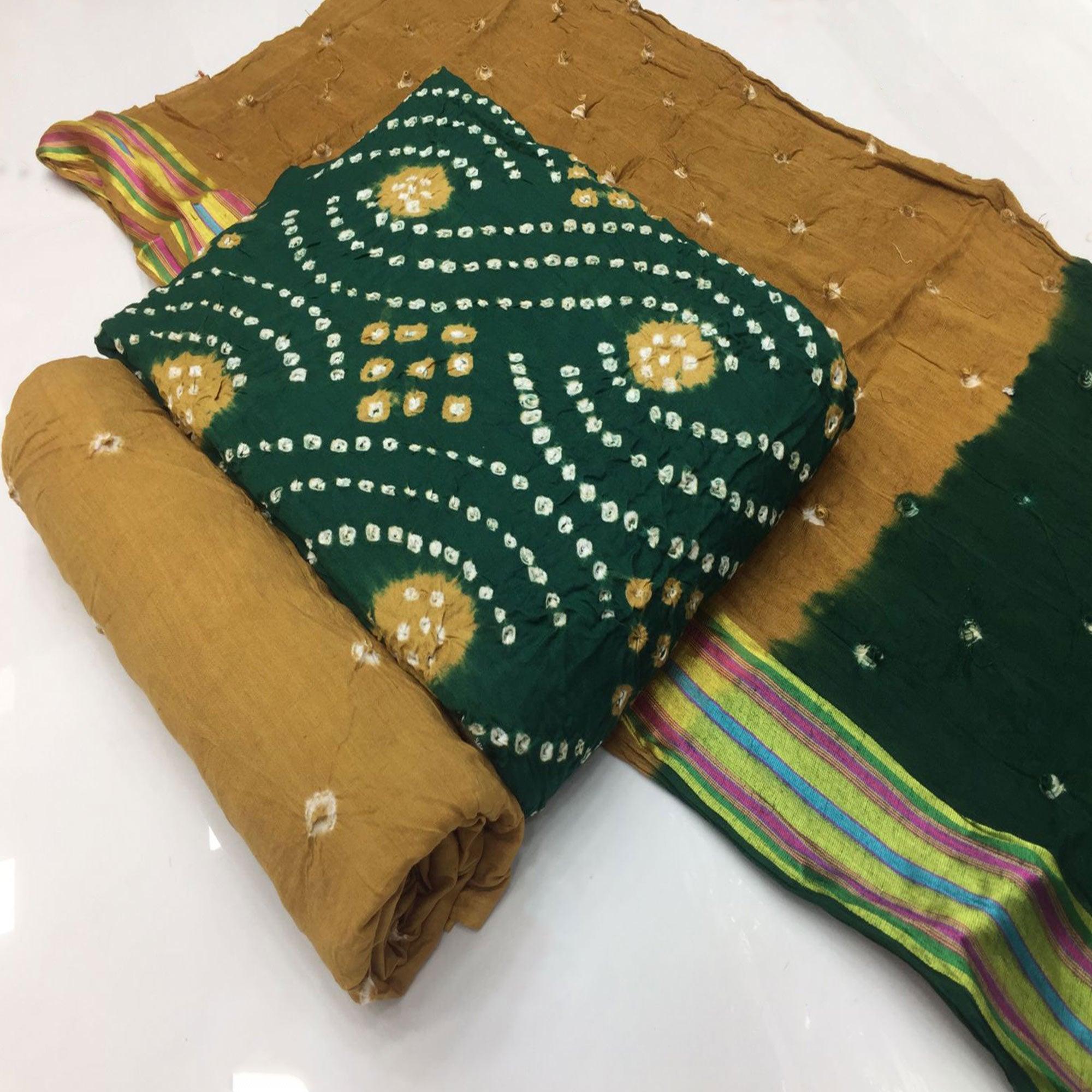 Green Bandhani Printed Pure Cotton Dress Material - Peachmode