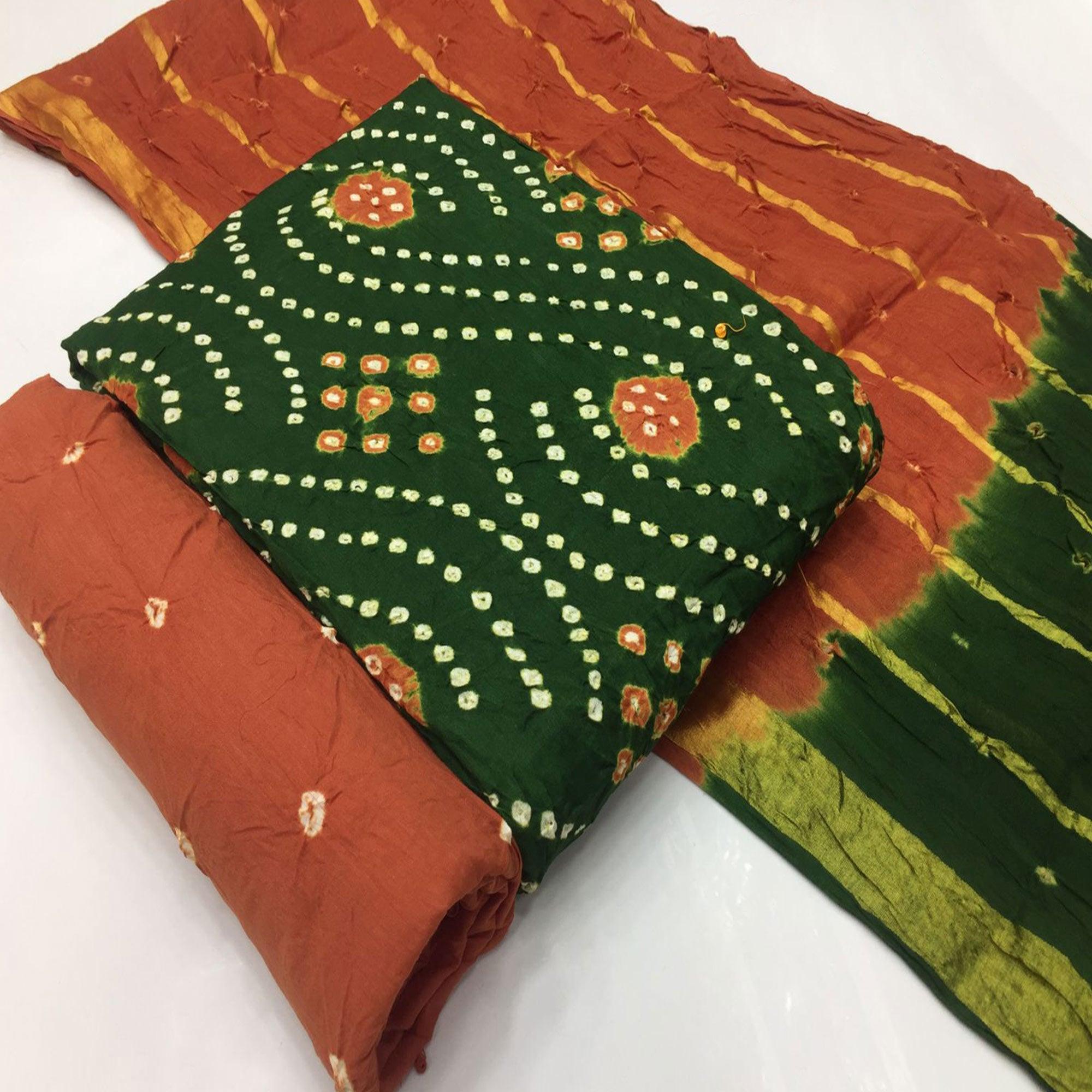 Green Bandhani Printed Pure Cotton Dress Material - Peachmode