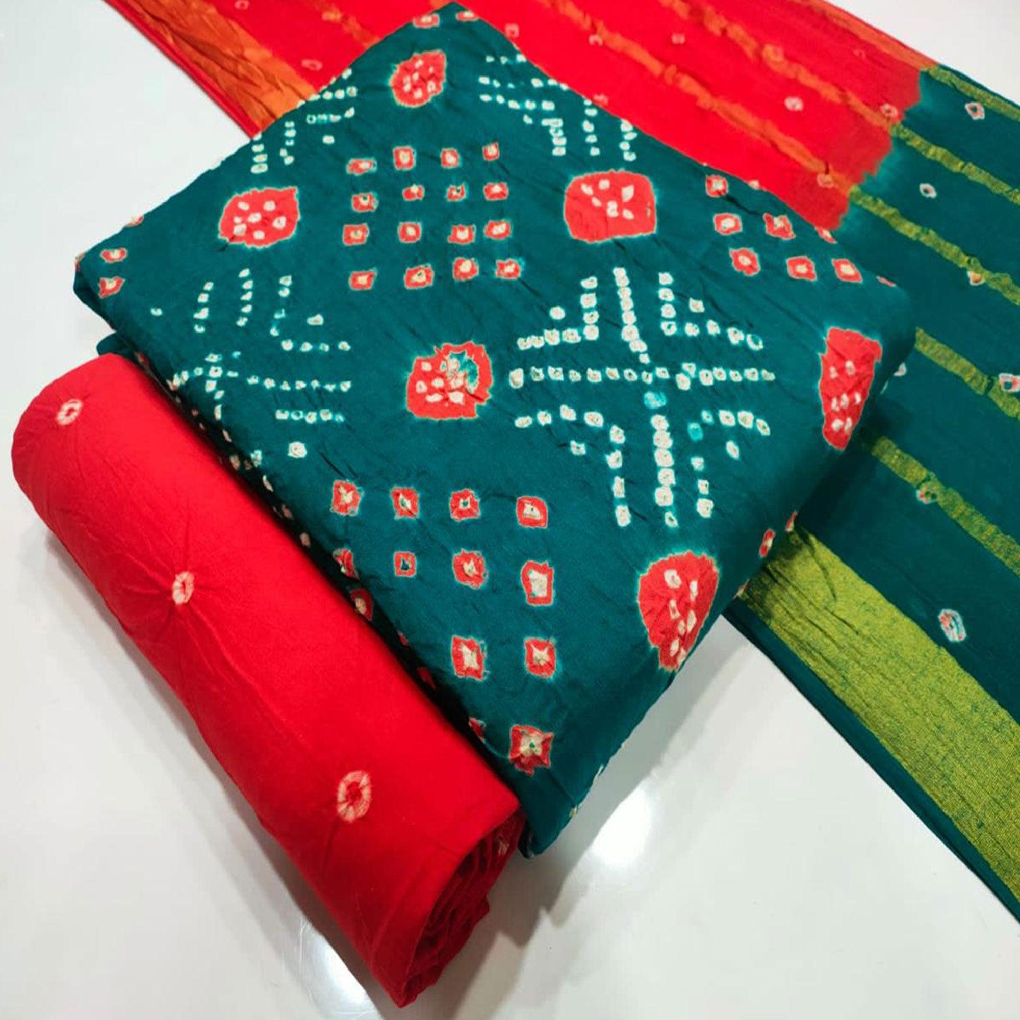 Green Bandhani Printed Pure Cotton Dress Material - Peachmode