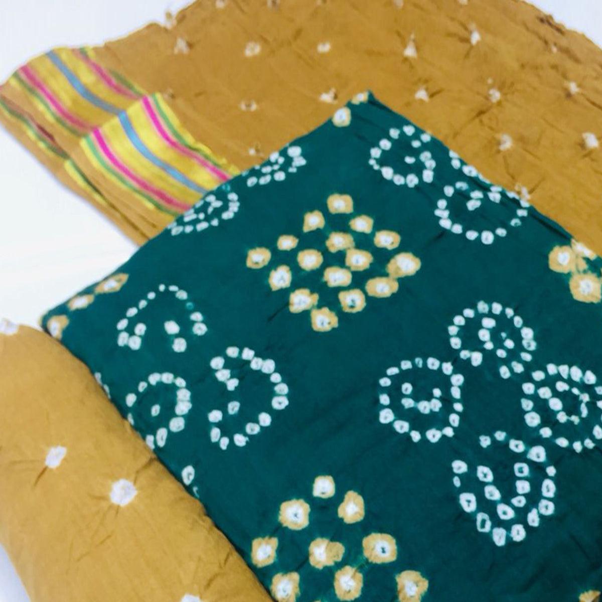 Green Bandhani Printed Pure Cotton Dress Material - Peachmode