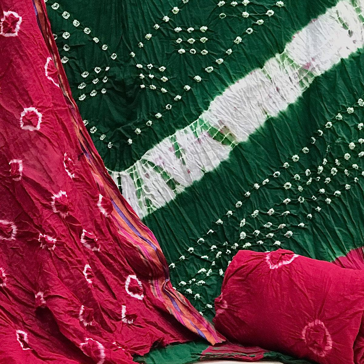 Green Bandhani Printed Pure Cotton Dress Material - Peachmode