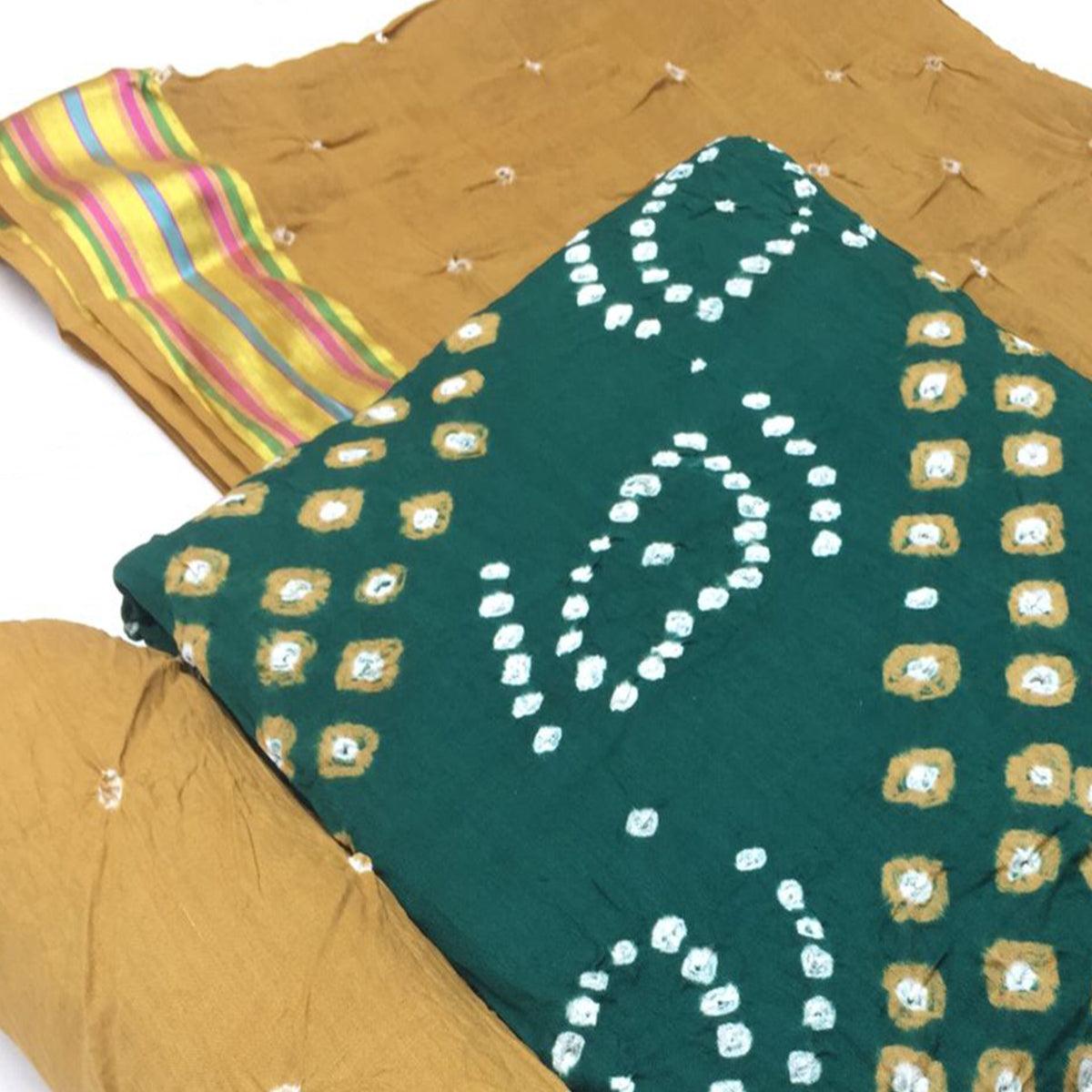Green Bandhani Printed Pure Cotton Dress Material - Peachmode