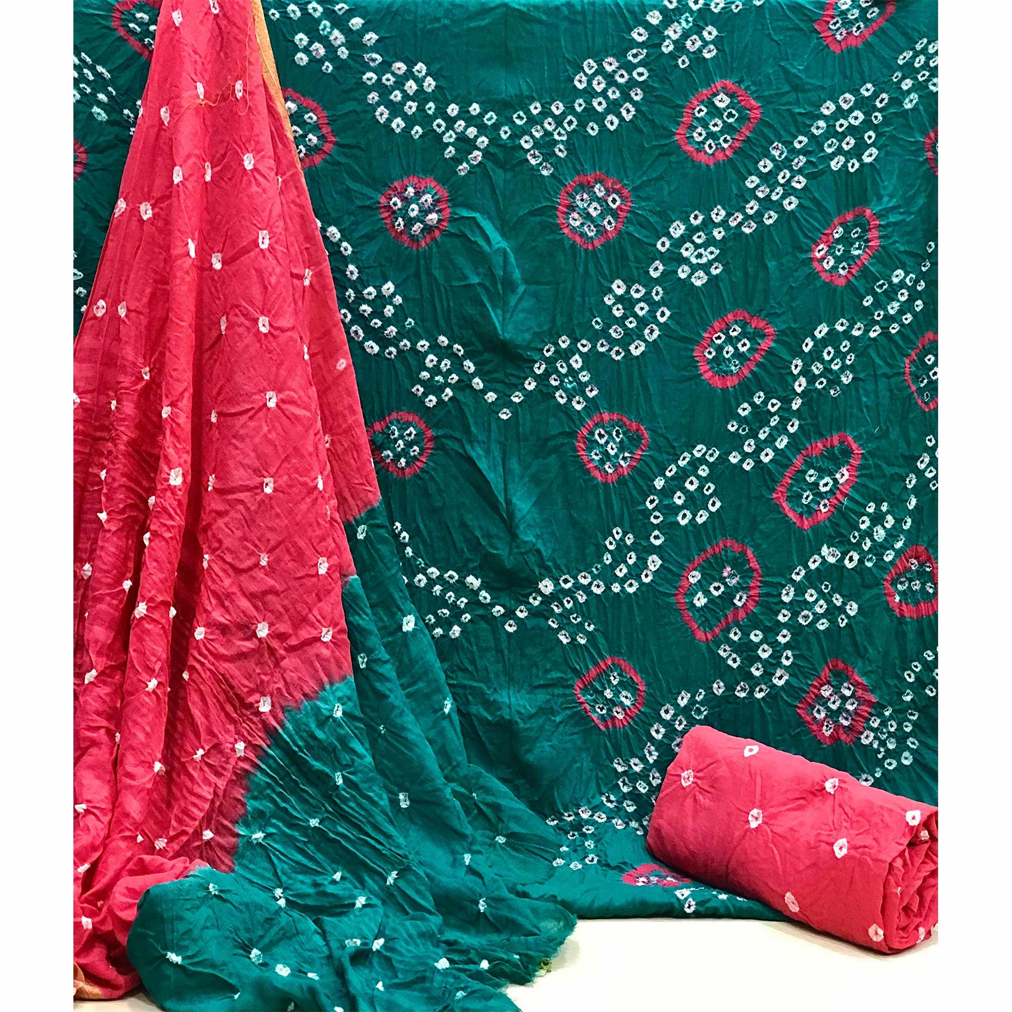 Green Bandhani Printed Pure Cotton Dress Material - Peachmode