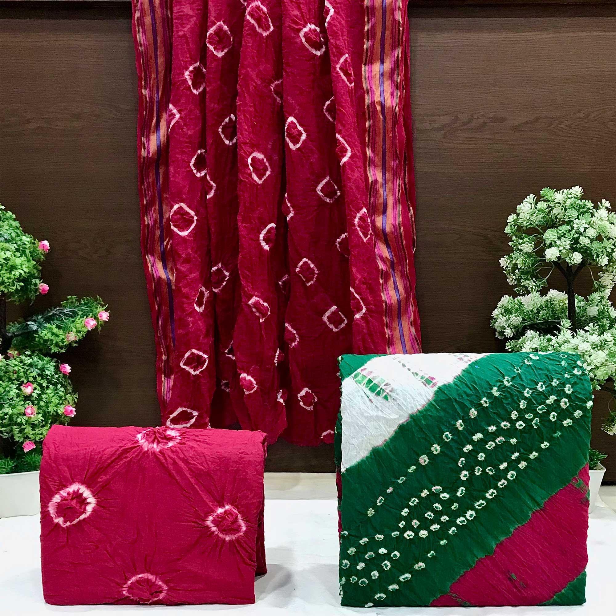 Green Bandhani Printed Pure Cotton Dress Material - Peachmode