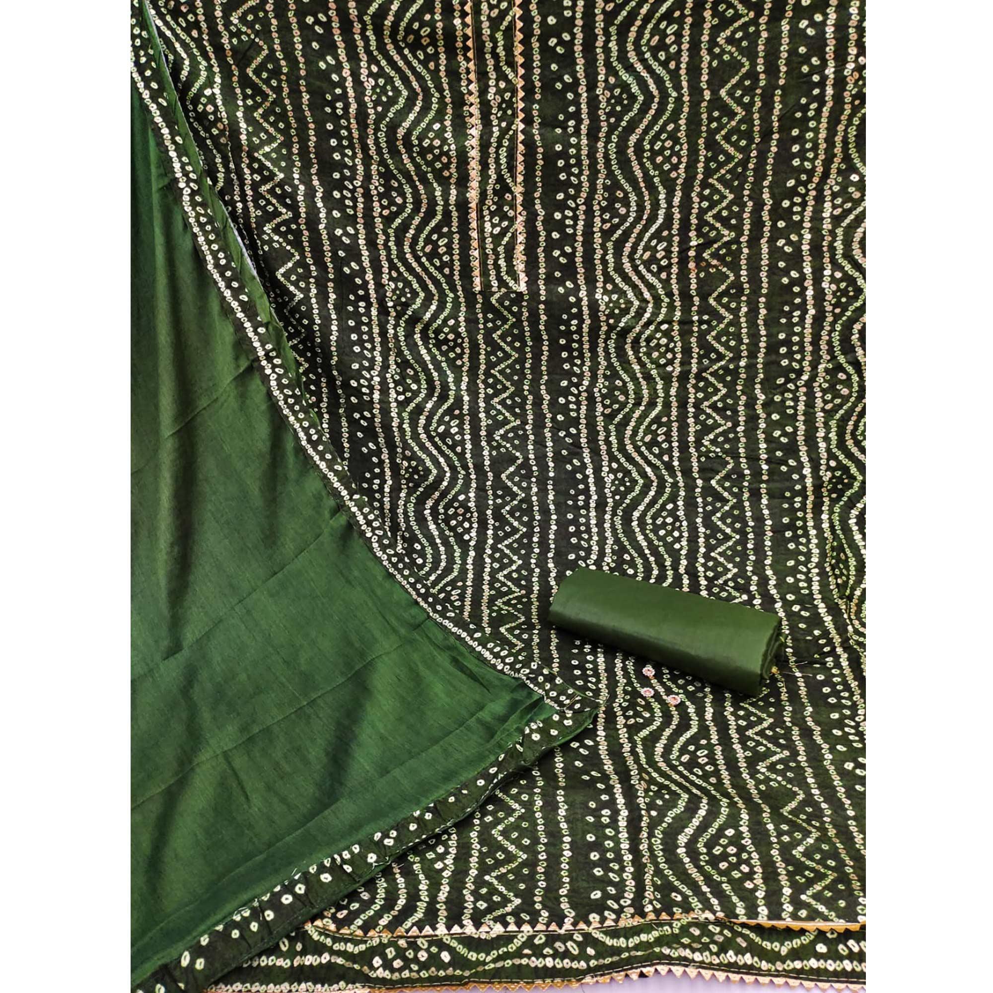 Green Bandhani Printed Rayon Dress Material - Peachmode