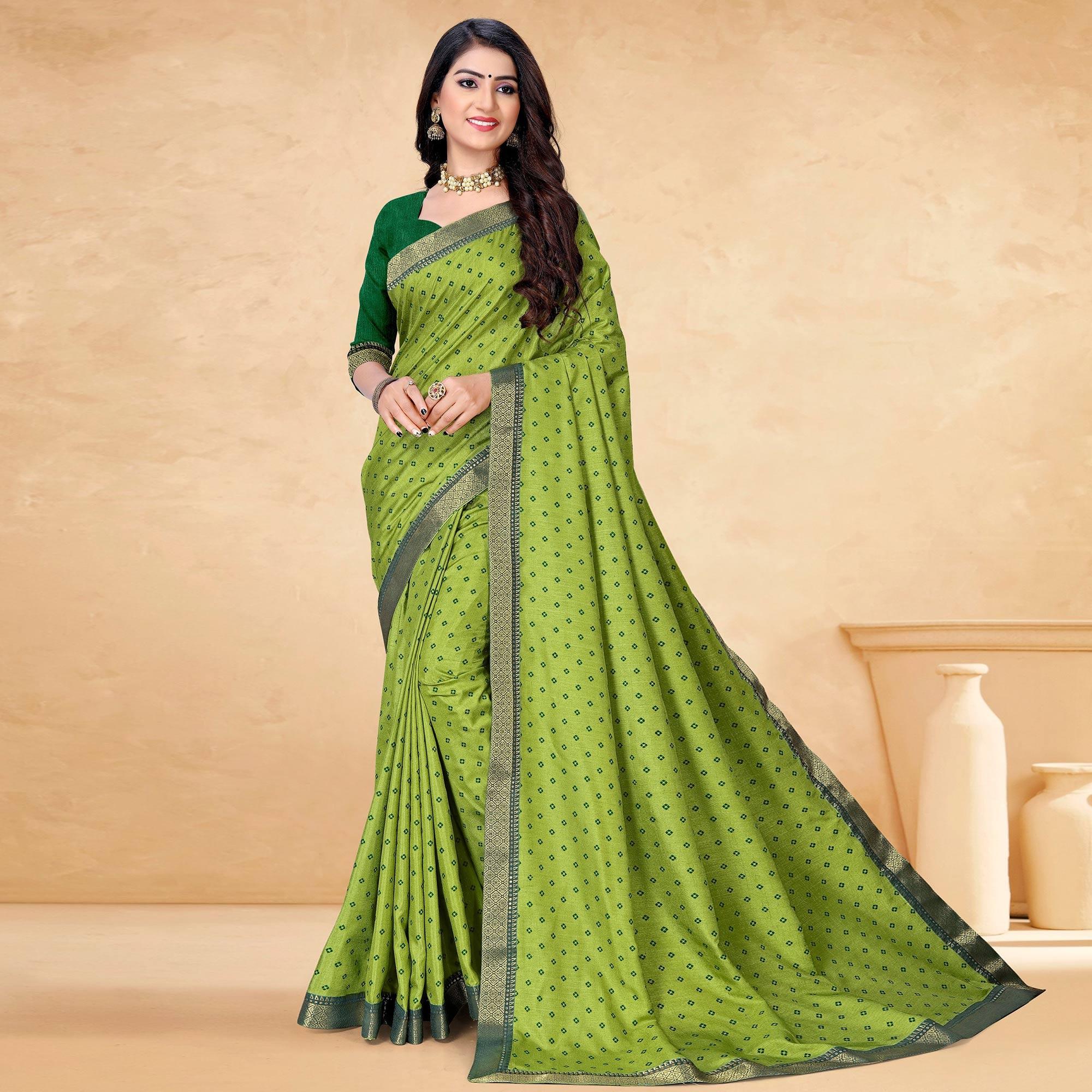 Green Bandhani Printed Vichitra Silk Saree - Peachmode
