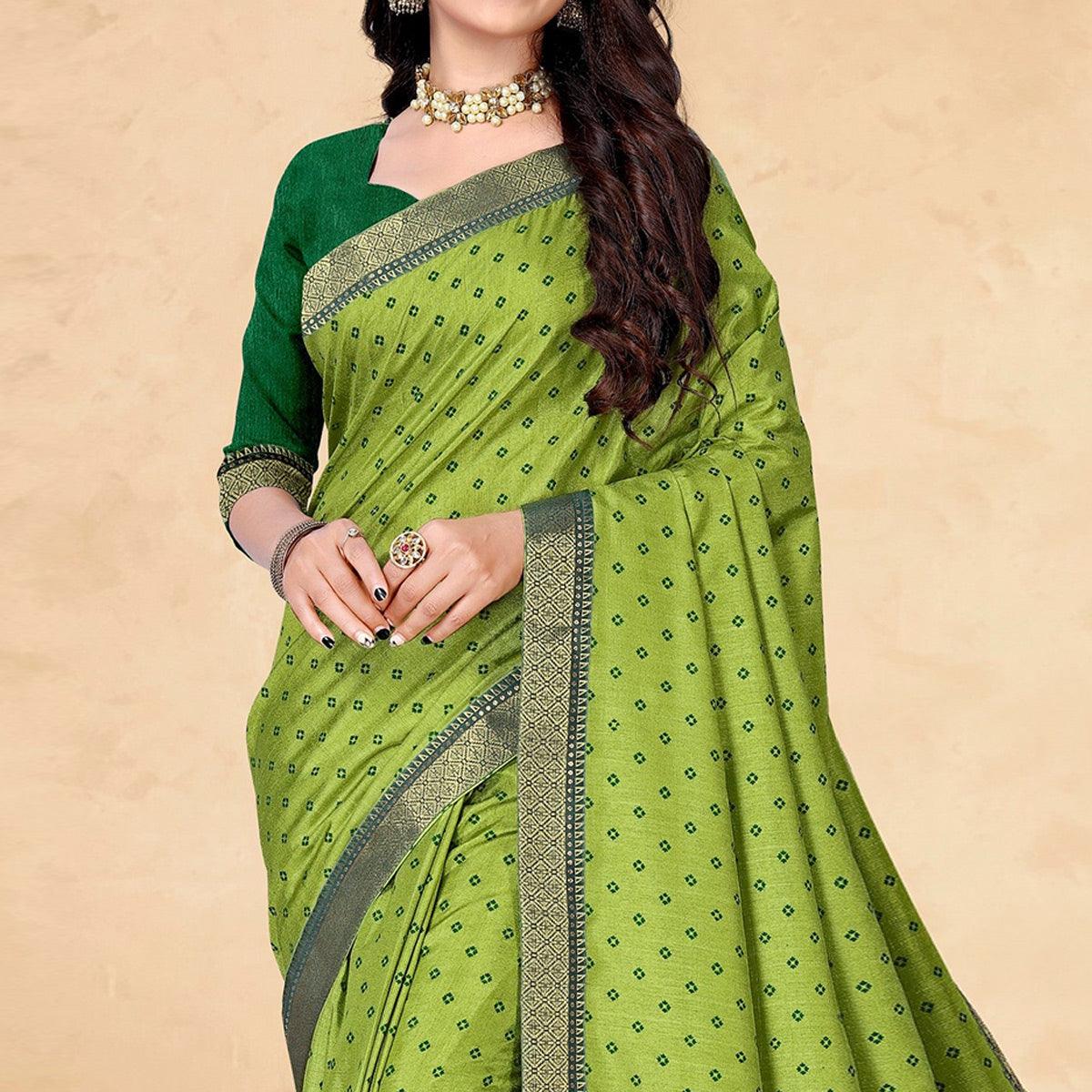 Green Bandhani Printed Vichitra Silk Saree - Peachmode