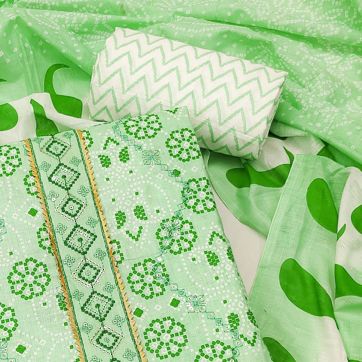 Green Bandhani Printed With Embroidered Poly Cotton Dress Material - Peachmode