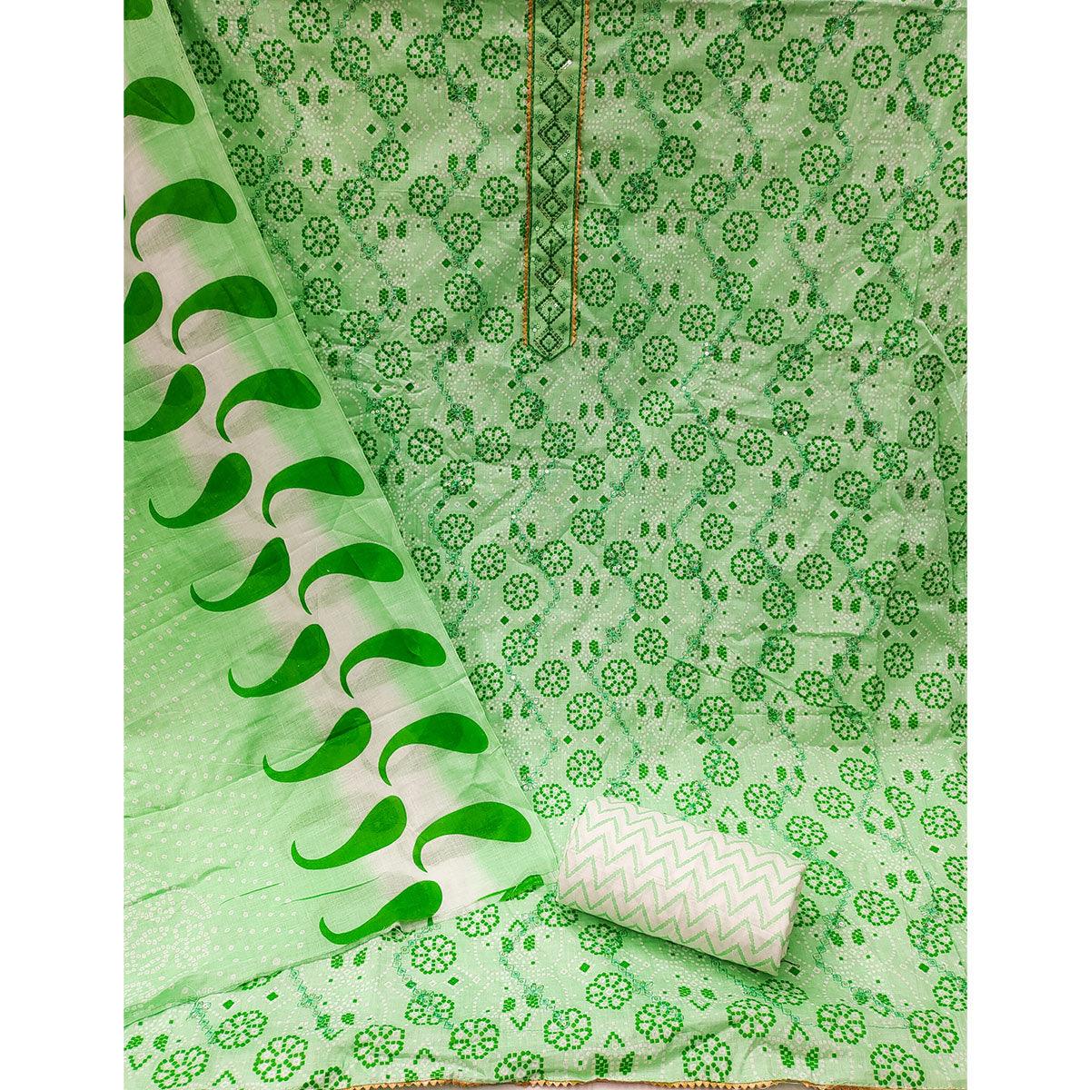Green Bandhani Printed With Embroidered Poly Cotton Dress Material - Peachmode