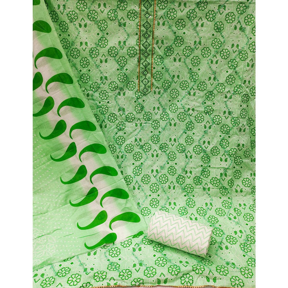 Green Bandhani Printed With Embroidered Poly Cotton Dress Material - Peachmode