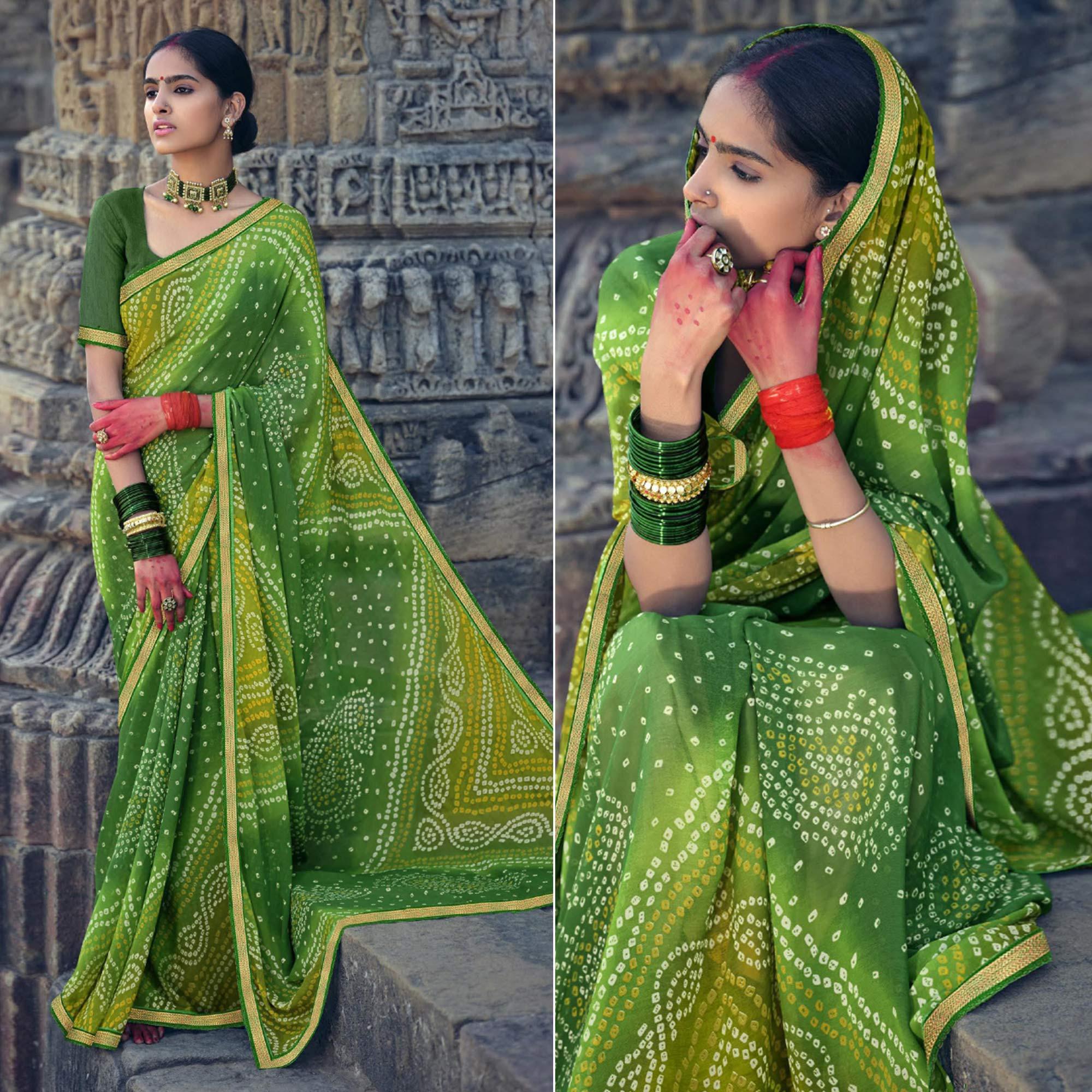 Green Bandhani Printed With Fancy Border Chiffon Saree - Peachmode