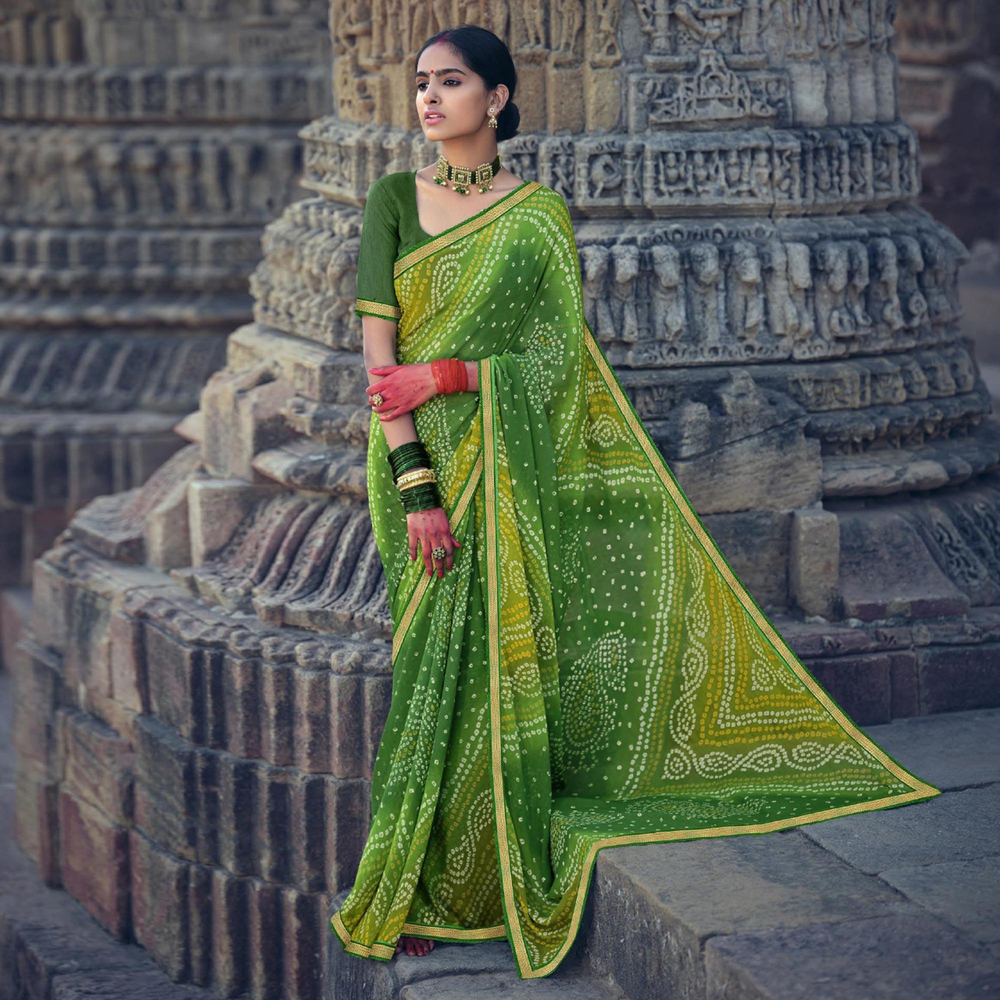 Green Bandhani Printed With Fancy Border Chiffon Saree - Peachmode
