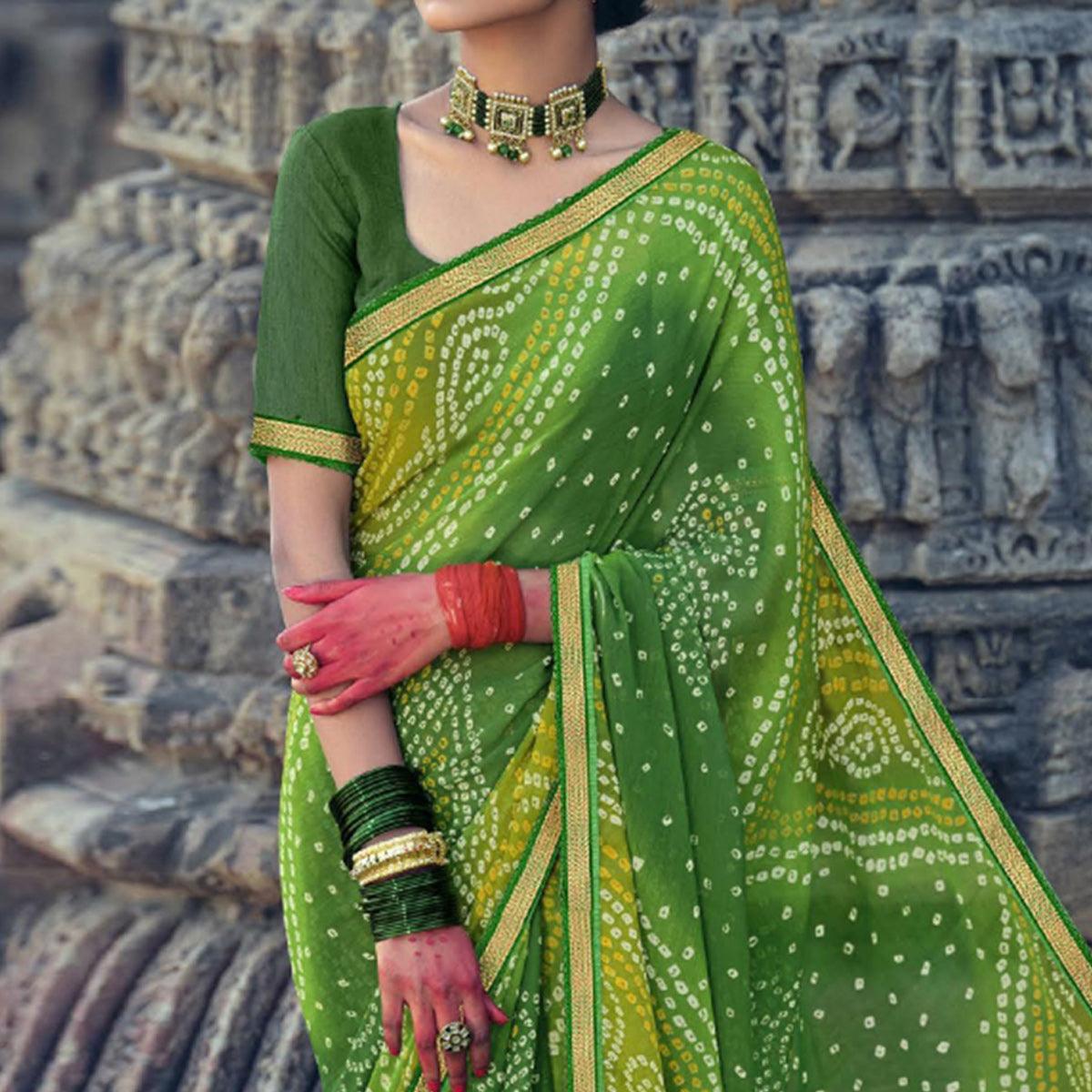 Green Bandhani Printed With Fancy Border Chiffon Saree - Peachmode