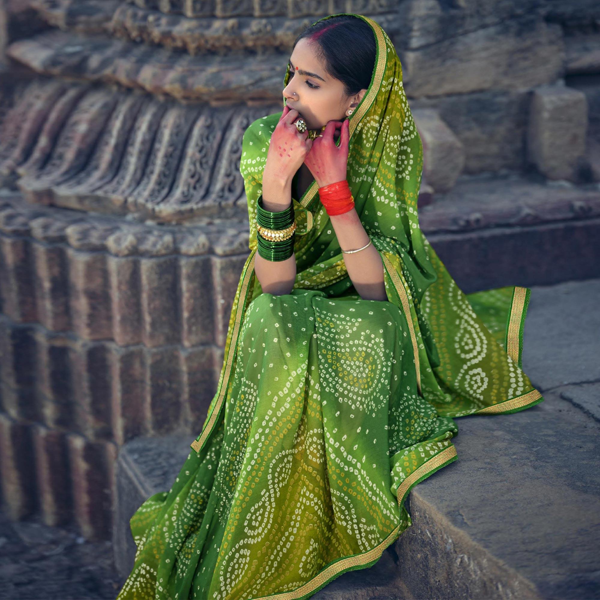 Green Bandhani Printed With Fancy Border Chiffon Saree - Peachmode