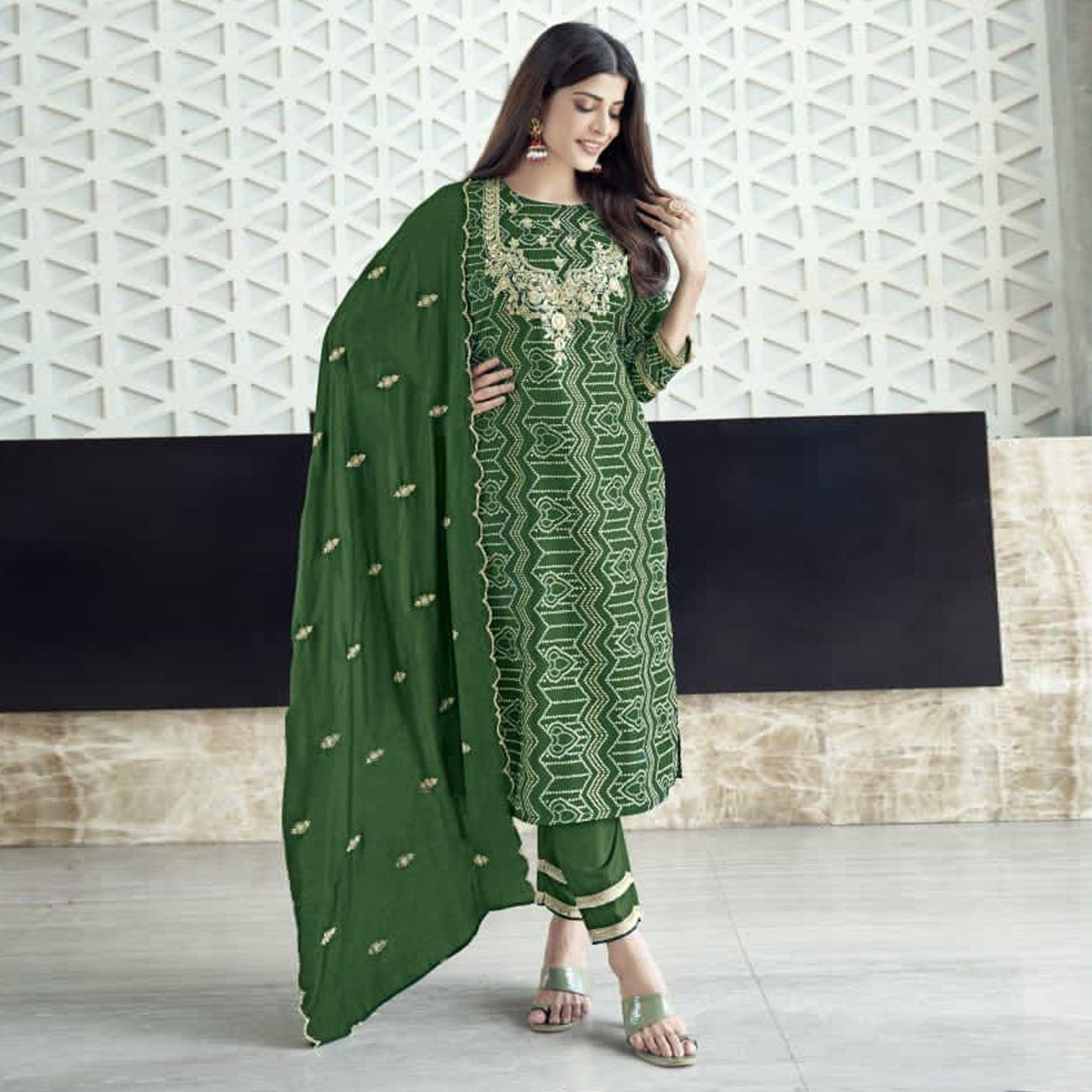 Green Bandhani Printed With Gota Patti Muslin Salwar Suit - Peachmode