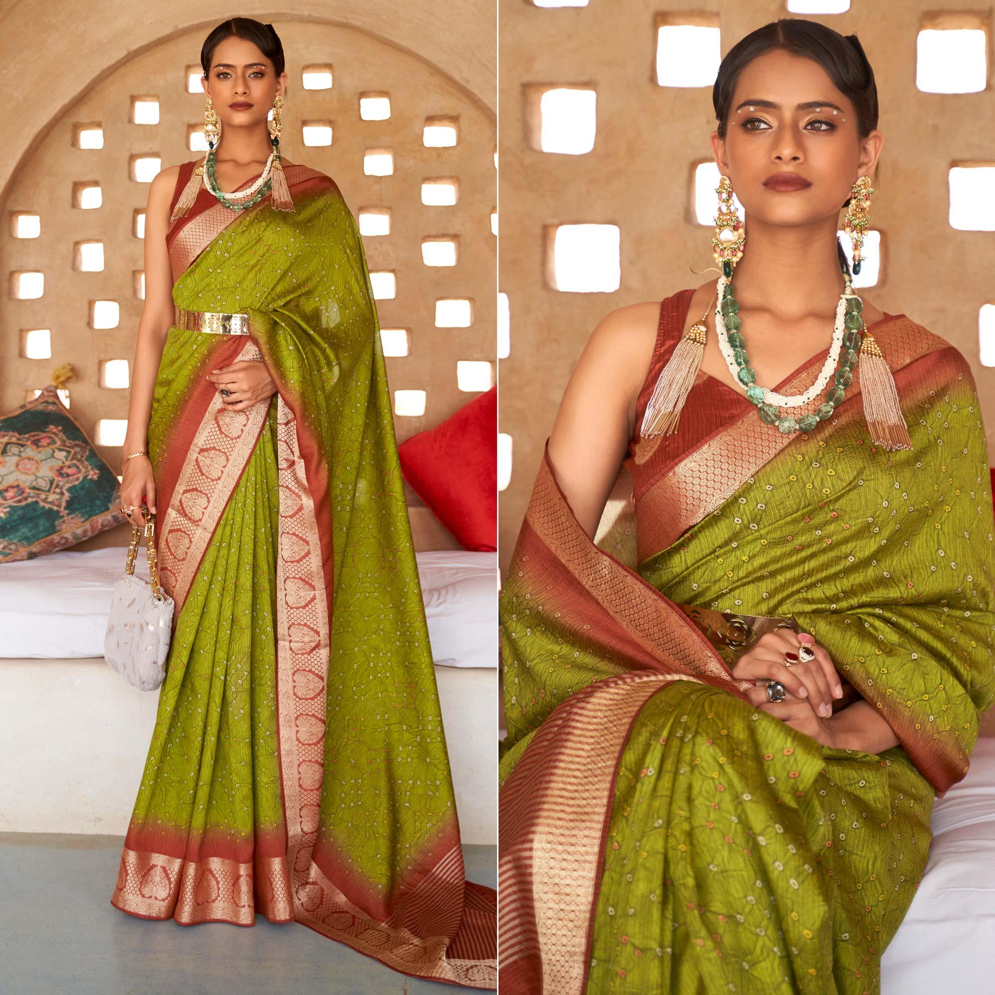 Green Bandhani Printed With Woven Border Art Silk Saree - Peachmode
