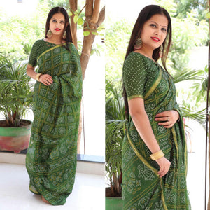 Green Bandhani Printed With Woven Border Tapetta Silk Saree - Peachmode