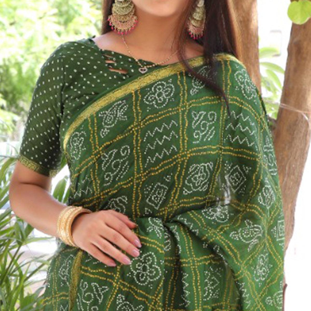 Green Bandhani Printed With Woven Border Tapetta Silk Saree - Peachmode