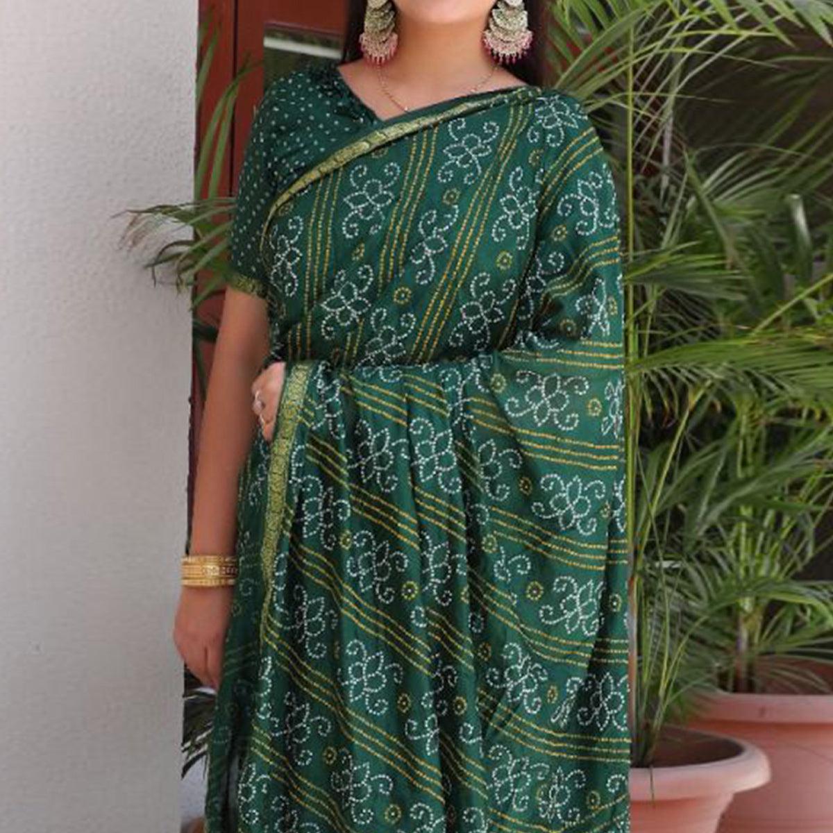 Green Bandhani Printed With Woven Border Tapetta Silk Saree - Peachmode