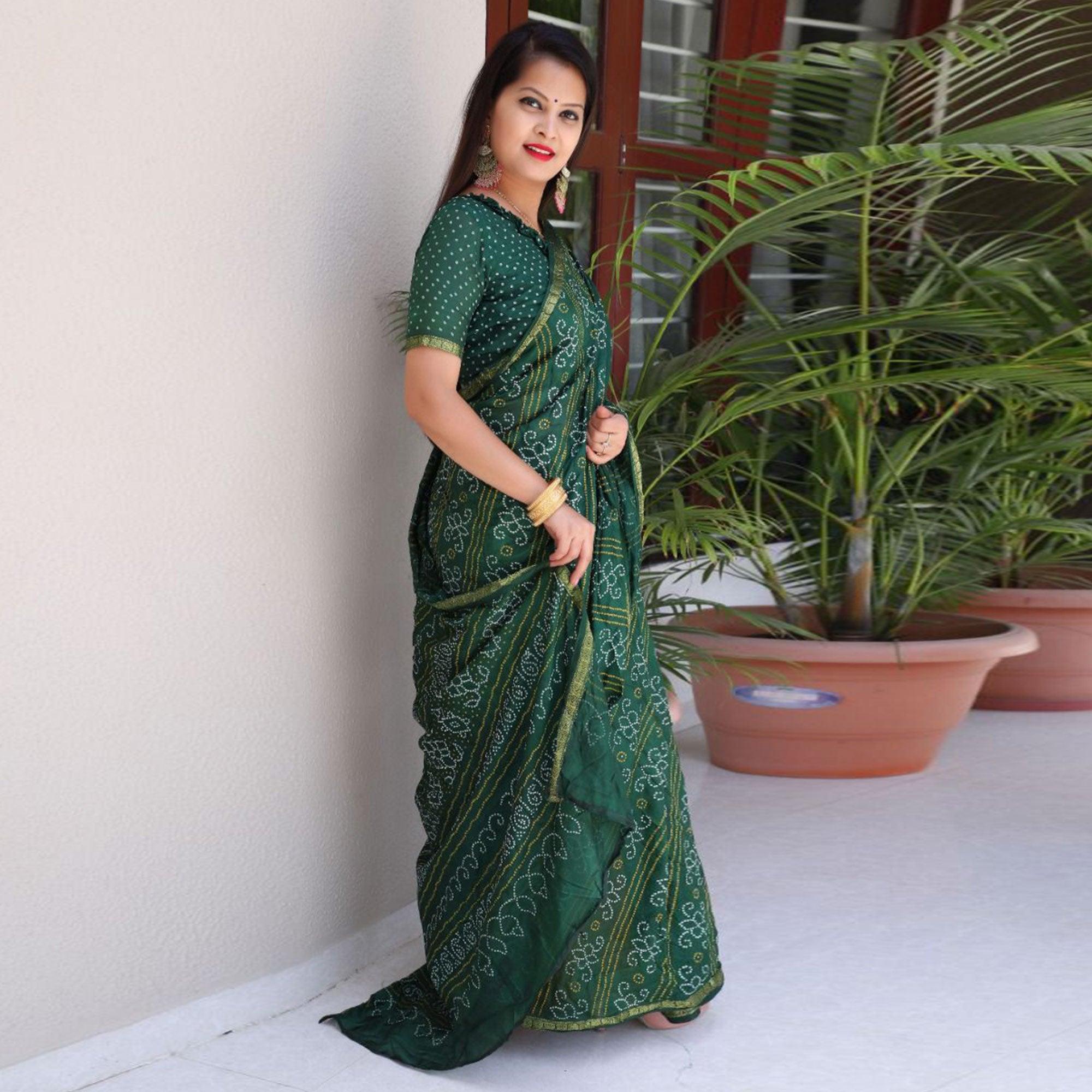 Green Bandhani Printed With Woven Border Tapetta Silk Saree - Peachmode