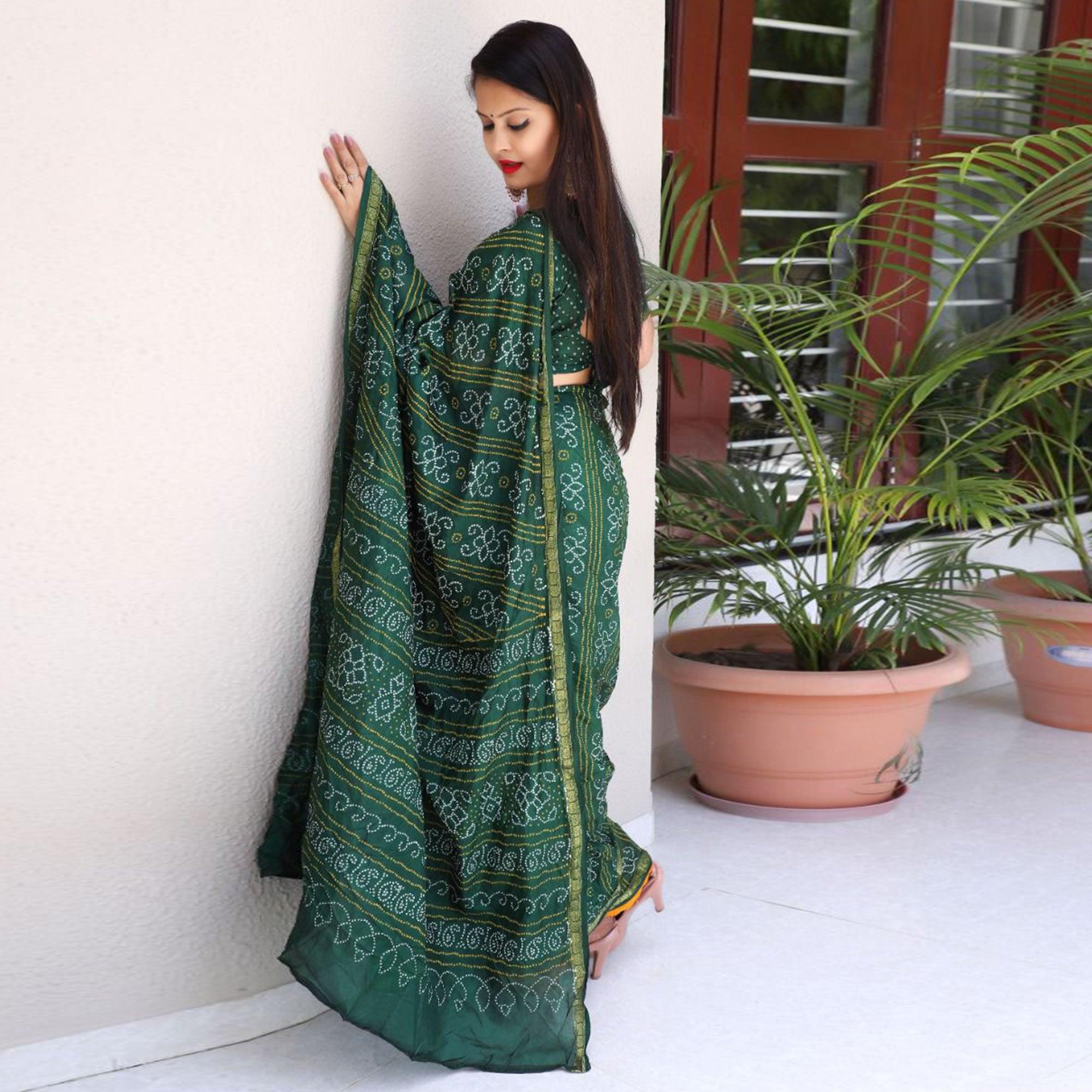 Green Bandhani Printed With Woven Border Tapetta Silk Saree - Peachmode
