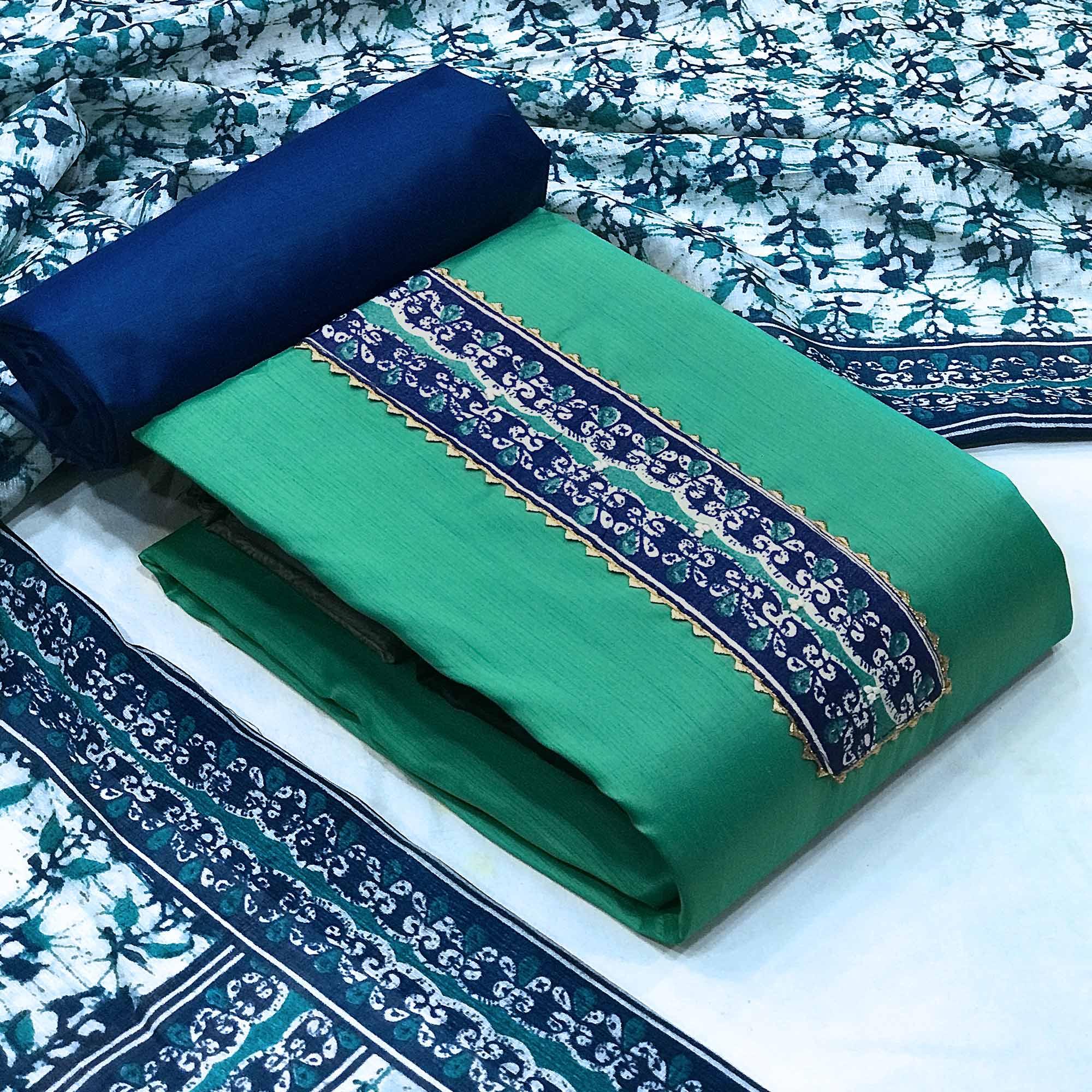 Green Batik Printed Art Silk Dress Material - Peachmode
