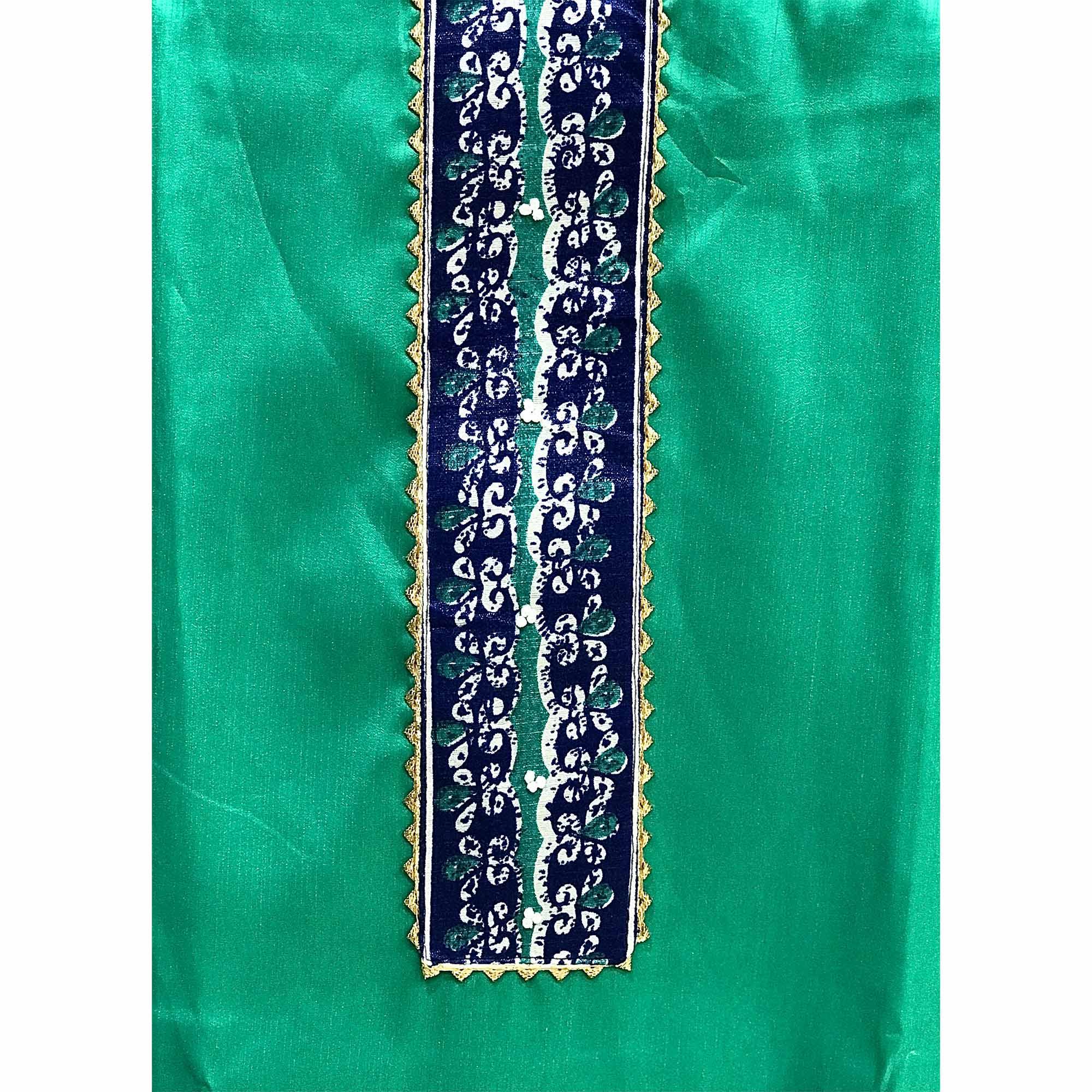Green Batik Printed Art Silk Dress Material - Peachmode