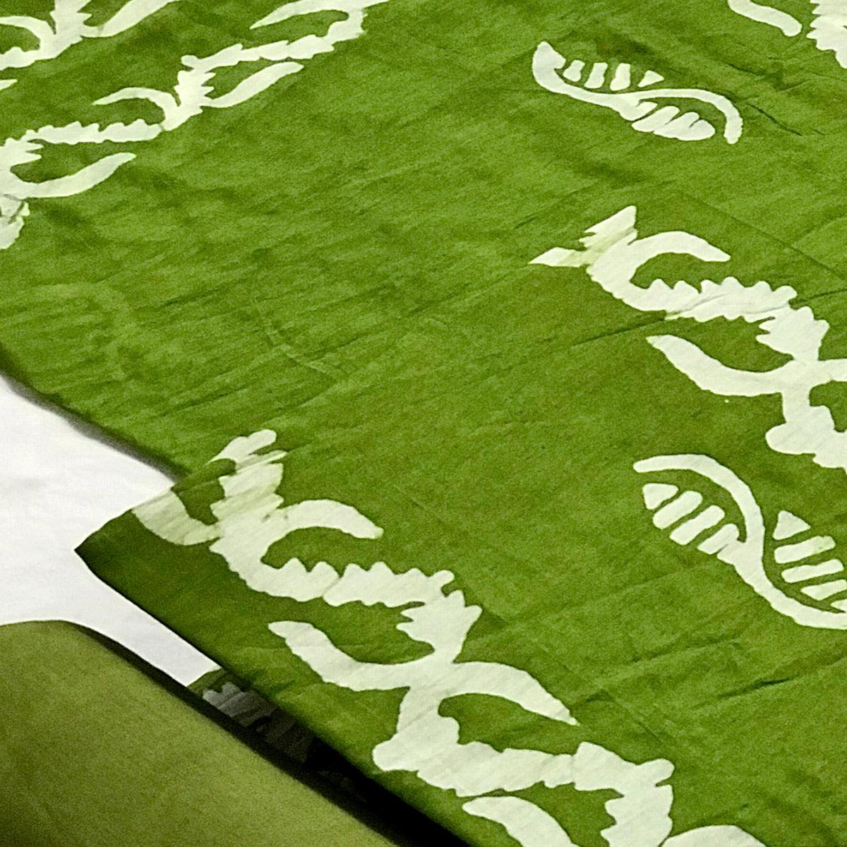 Green Batik Printed Chanderi Dress Material - Peachmode
