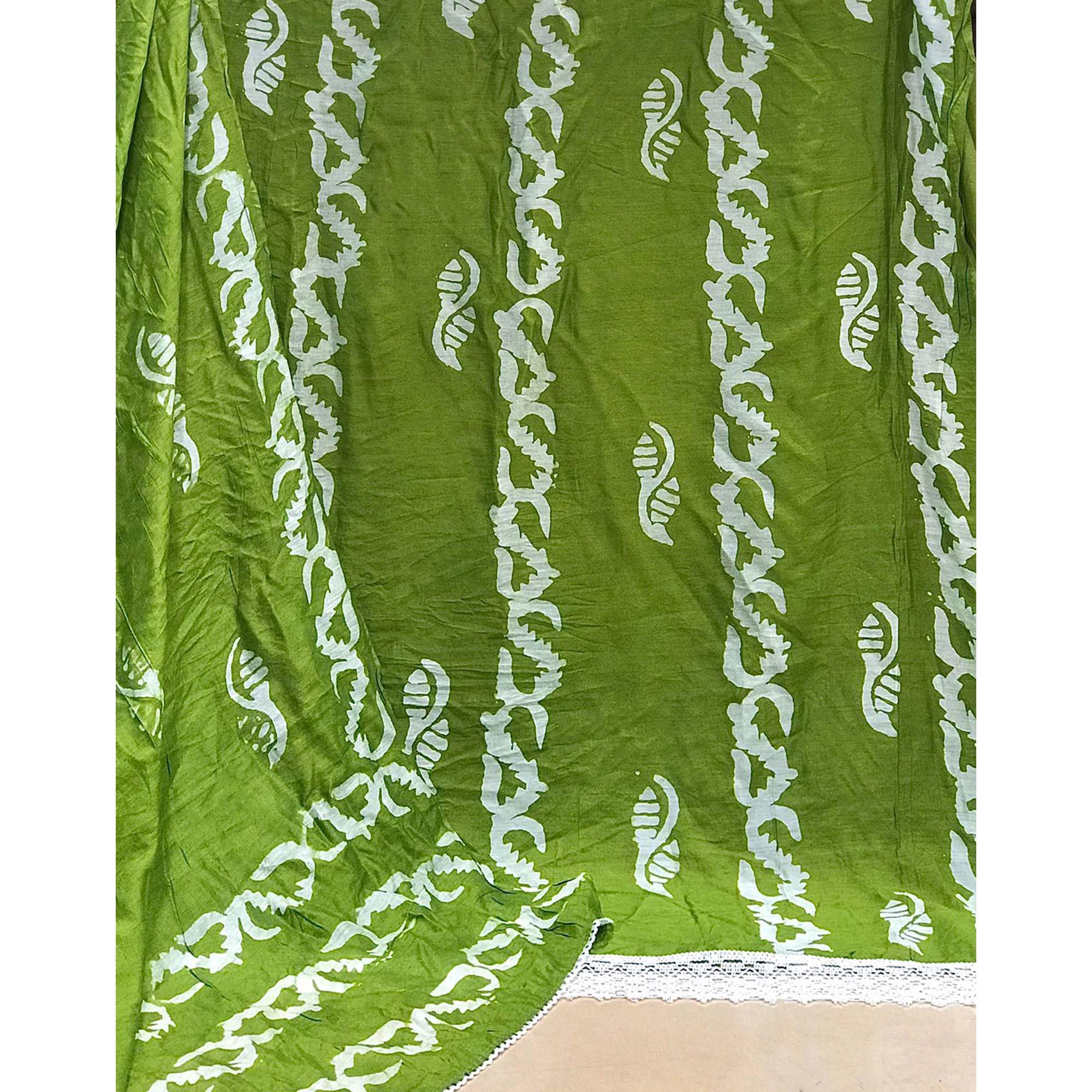 Green Batik Printed Chanderi Dress Material - Peachmode