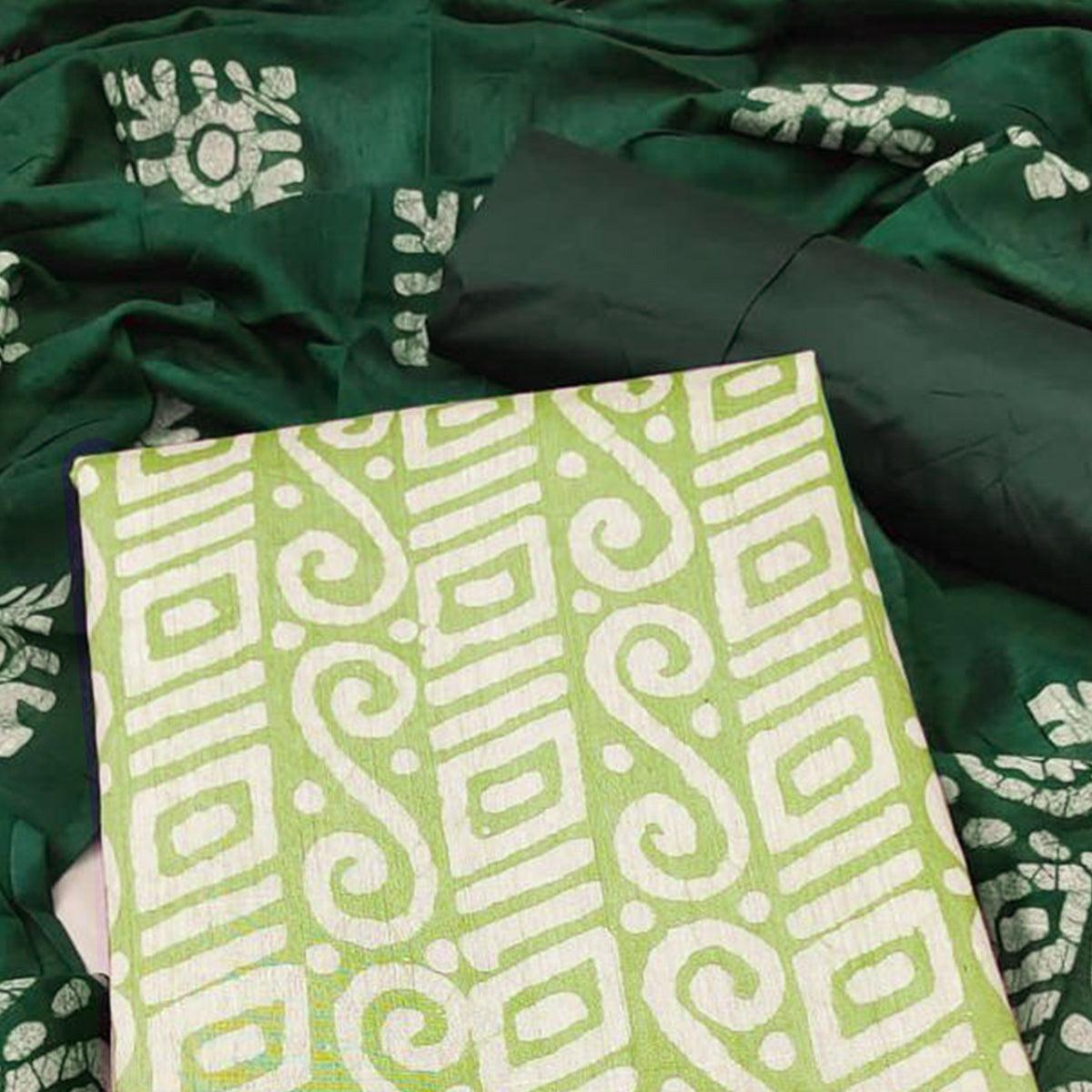 Green Batik Printed Poly Cotton Dress Material - Peachmode