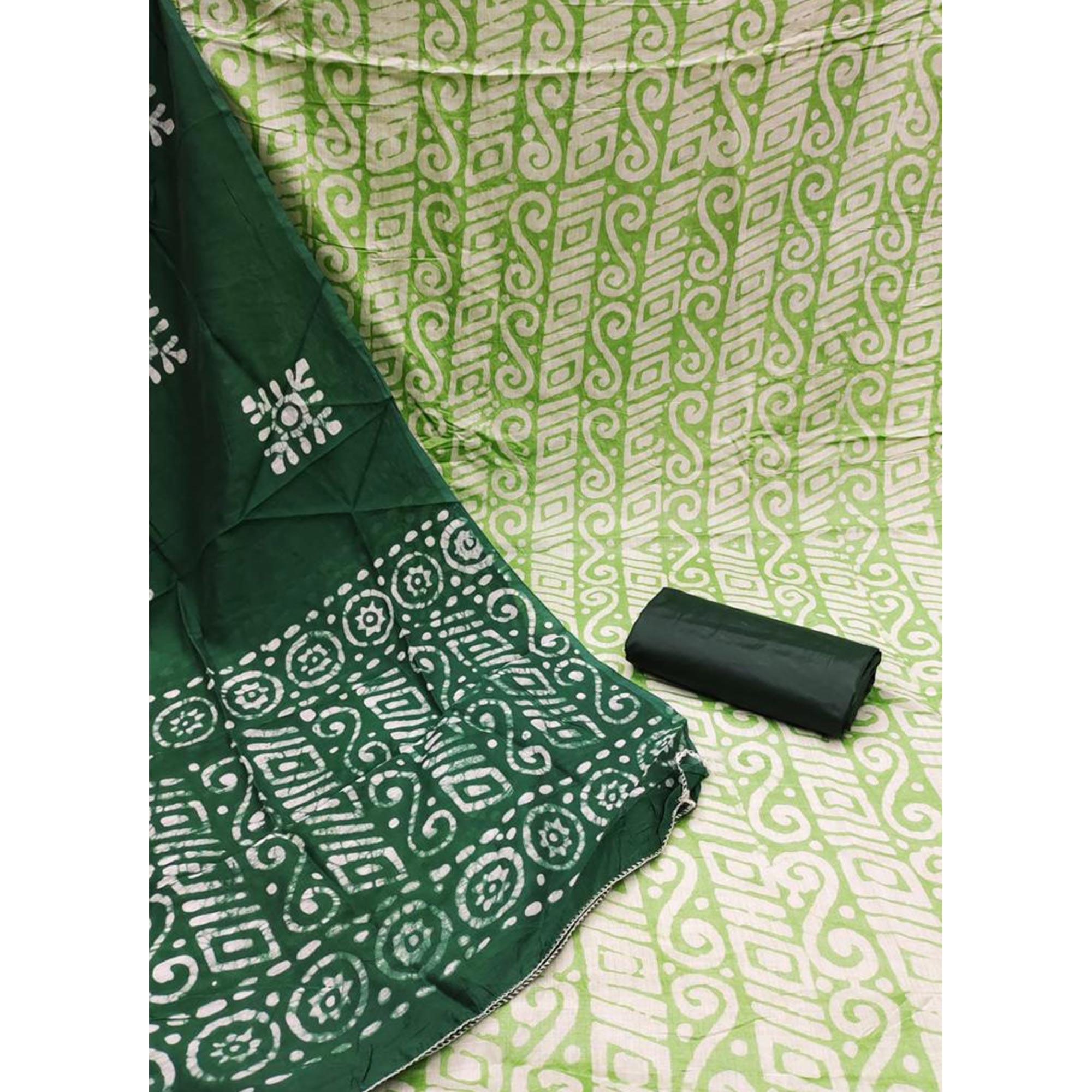 Green Batik Printed Poly Cotton Dress Material - Peachmode