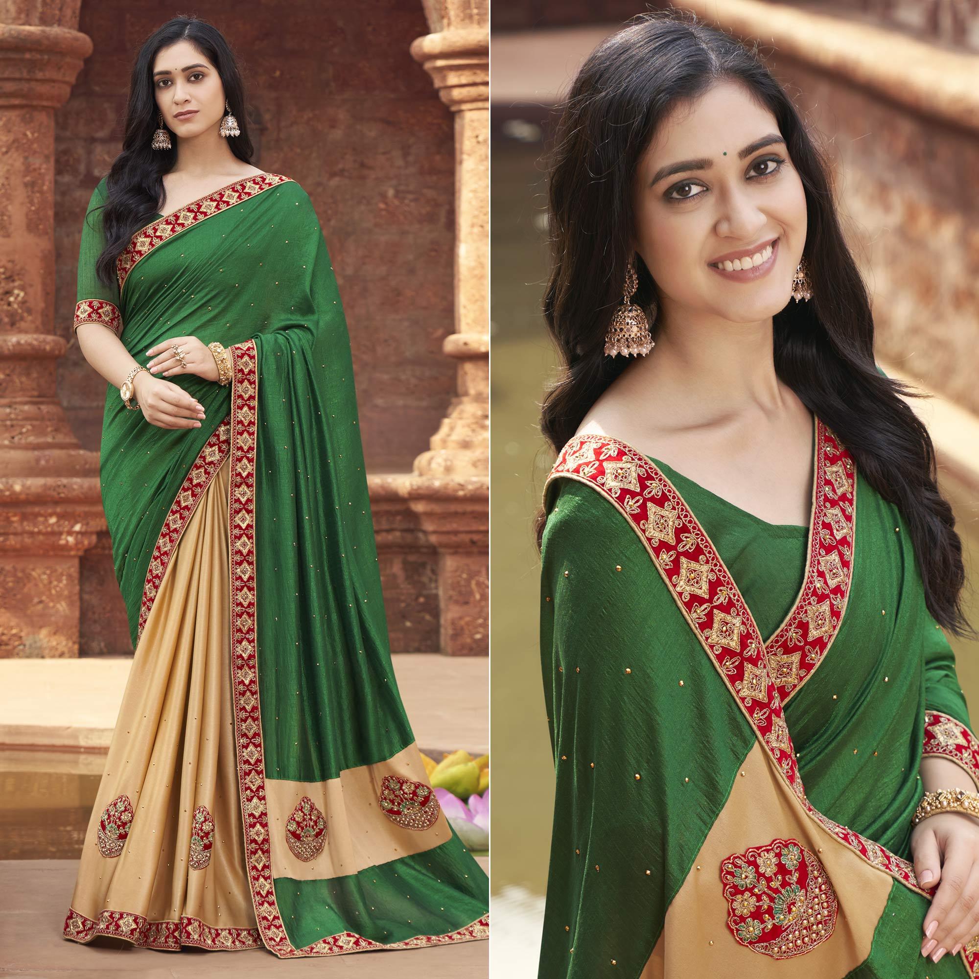 Green-Beige Embroidered With Embellished Fancy Fabric Half & Half Saree - Peachmode