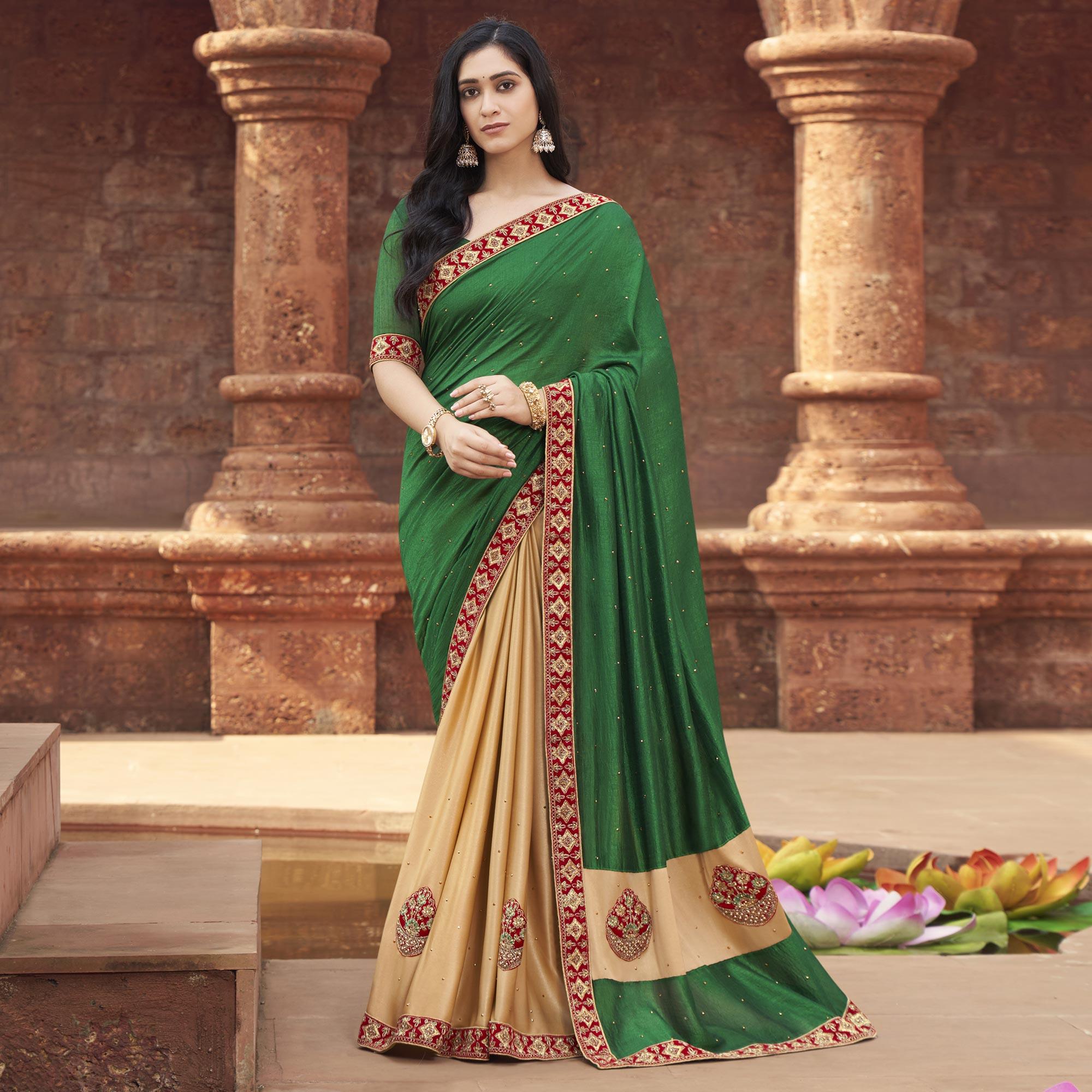 Green-Beige Embroidered With Embellished Fancy Fabric Half & Half Saree - Peachmode