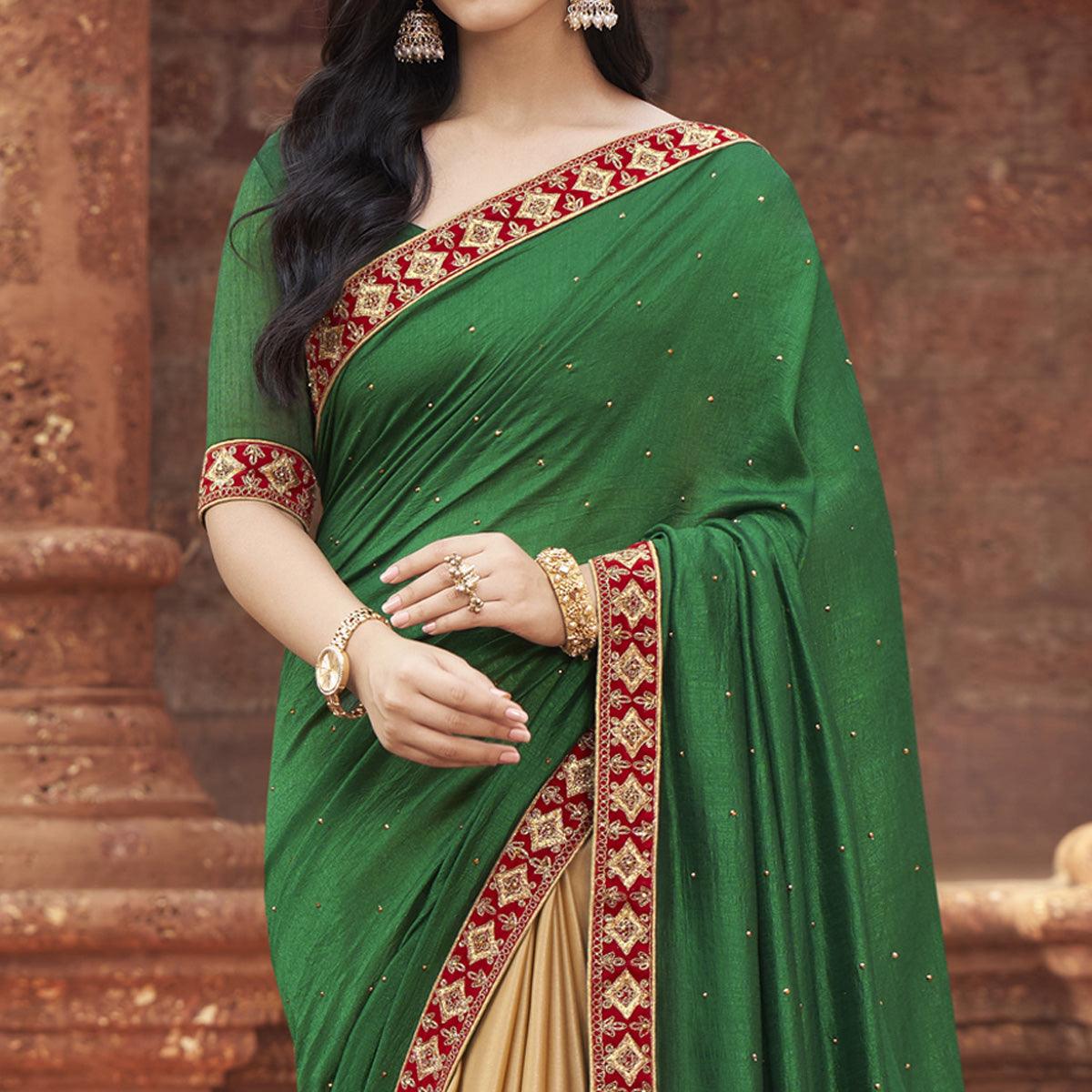 Green-Beige Embroidered With Embellished Fancy Fabric Half & Half Saree - Peachmode