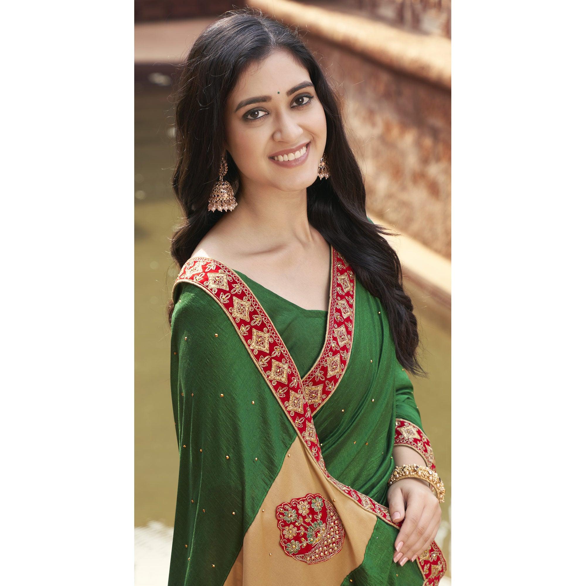 Green-Beige Embroidered With Embellished Fancy Fabric Half & Half Saree - Peachmode