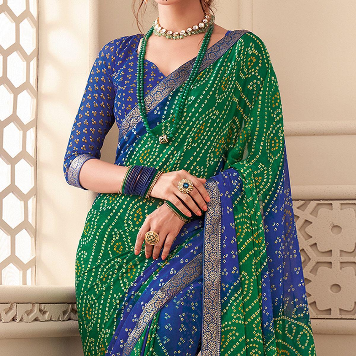 Green-Blue Casual Wear Bandhani Printed Chiffon Saree With Tassels - Peachmode